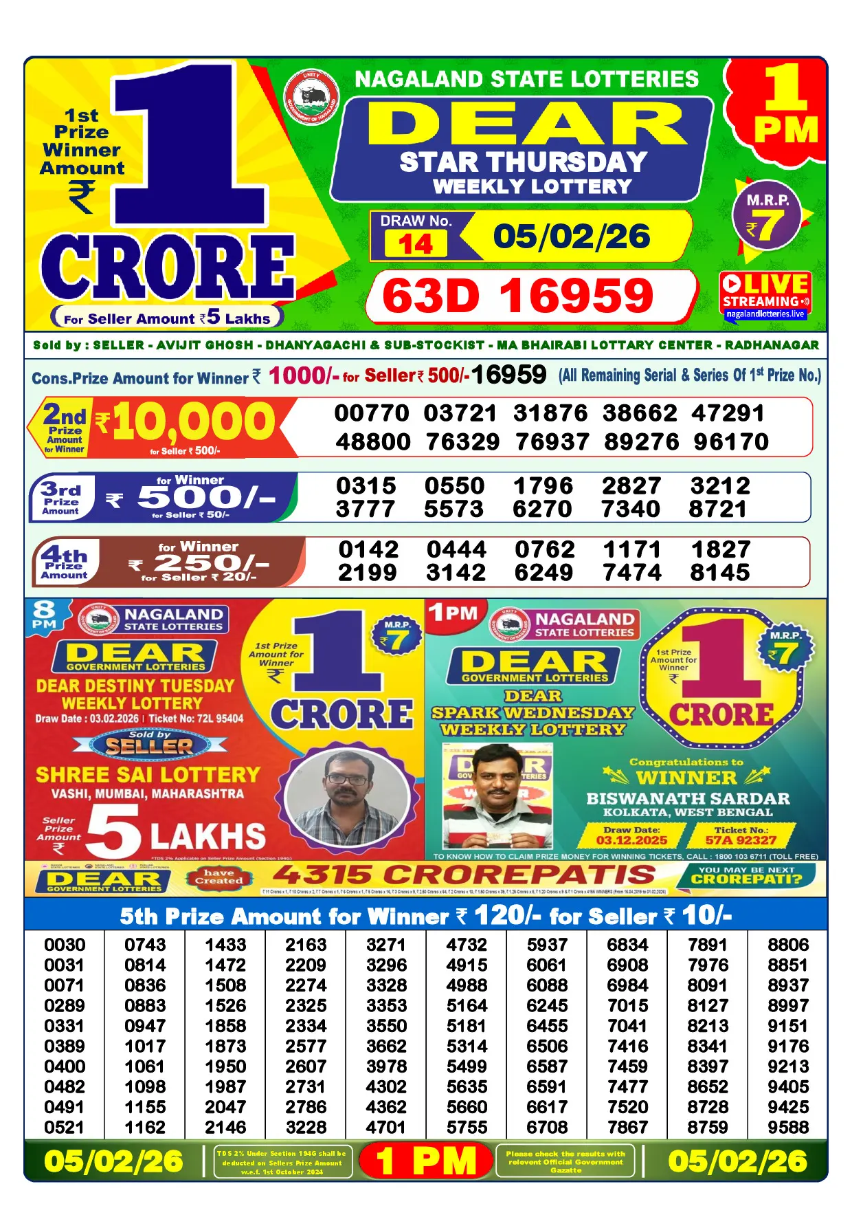 Official Lottery Sambad 1PM STAR THURSDAY result sheet for 5 February 2026