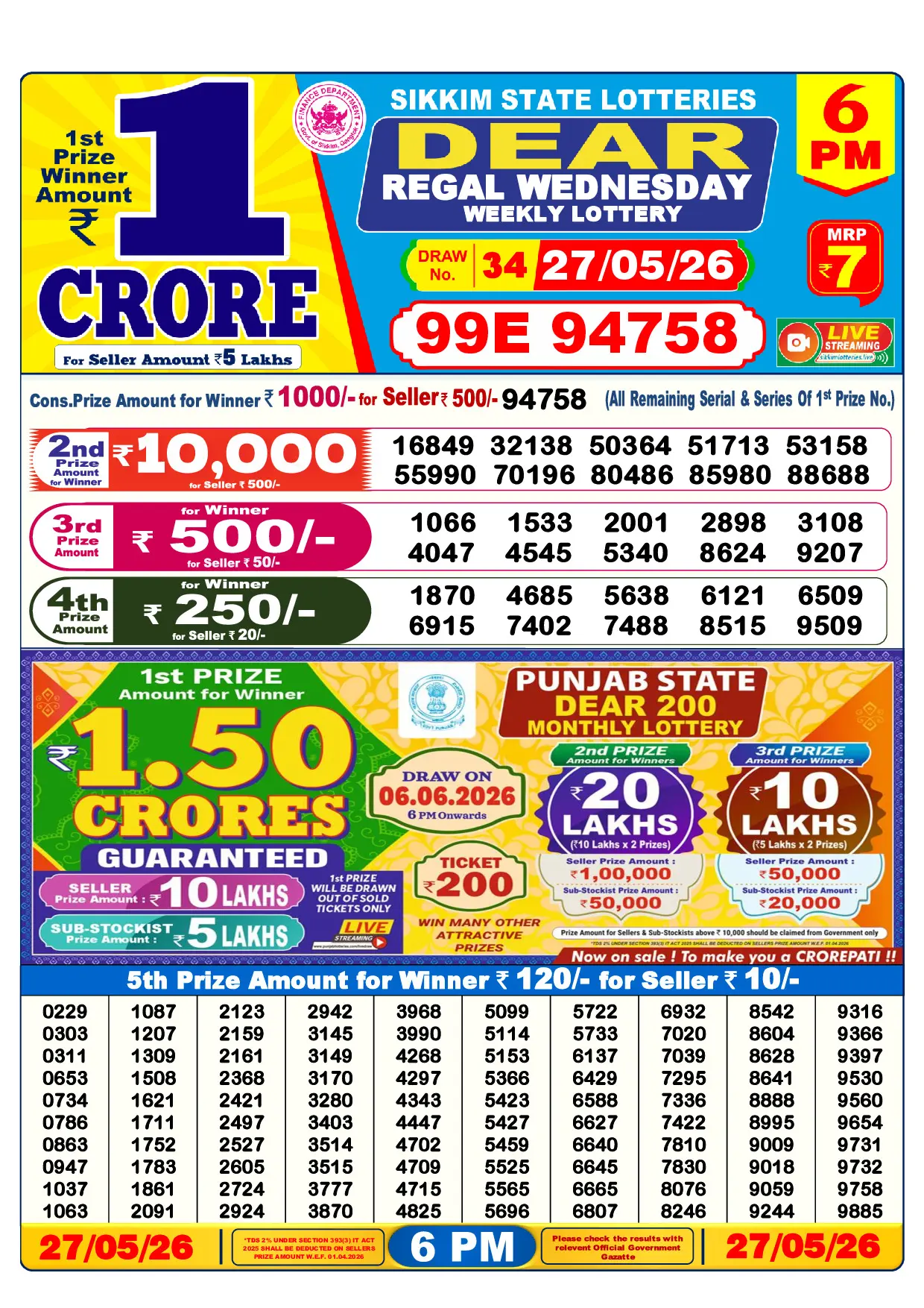 Official Lottery Sambad 6PM REGAL WEDNESDAY result sheet for 27 May 2026