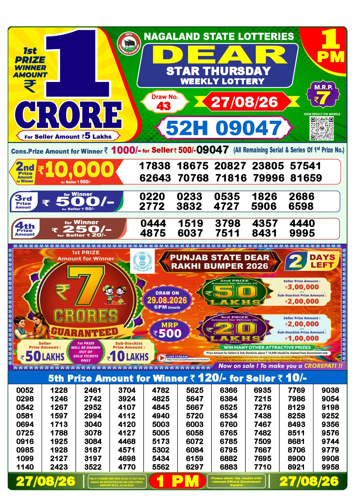 Official Lottery Sambad 1PM STAR THURSDAY result sheet for 27 August 2026