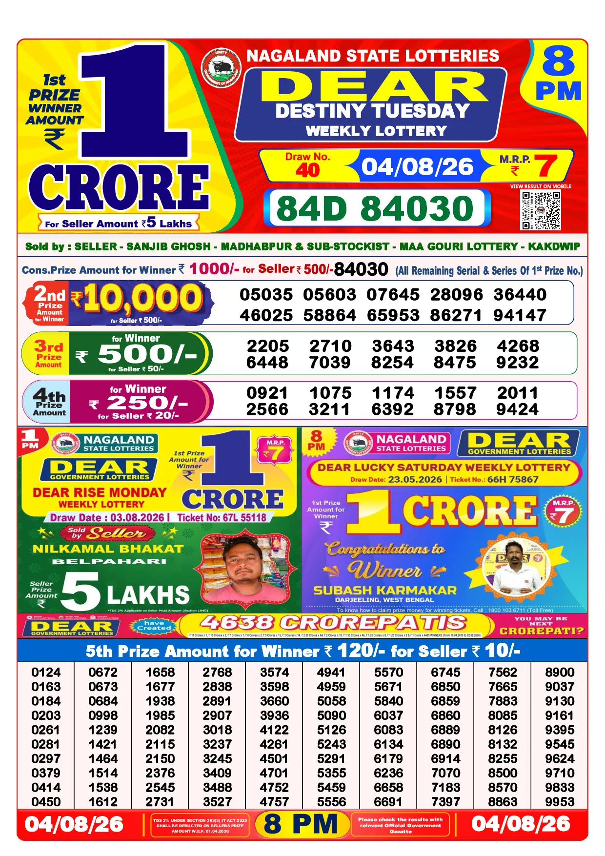 Official Lottery Sambad 8PM DESTINY TUESDAY result sheet for 4 August 2026