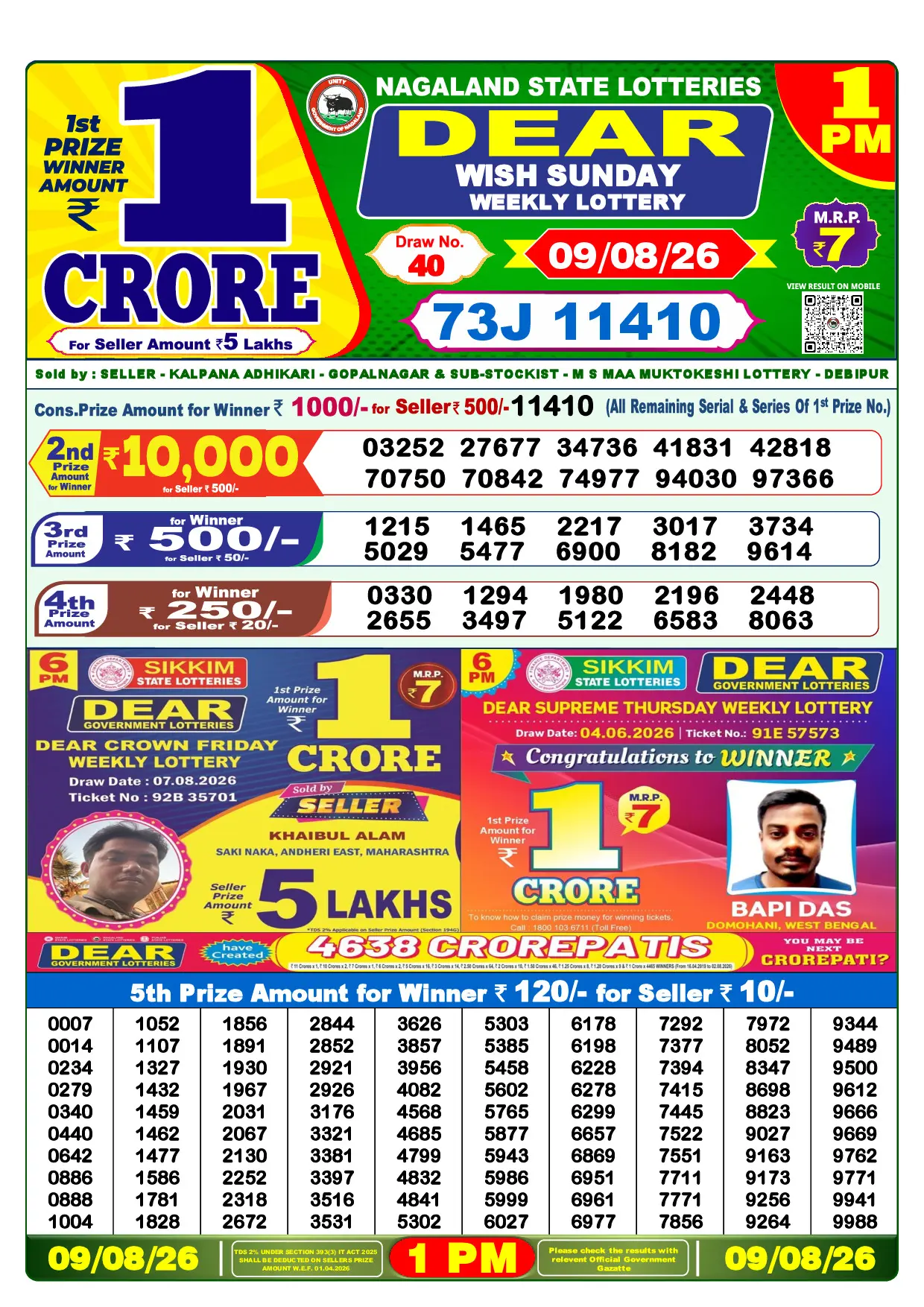 Official Lottery Sambad 1PM WISH SUNDAY result sheet for 9 August 2026