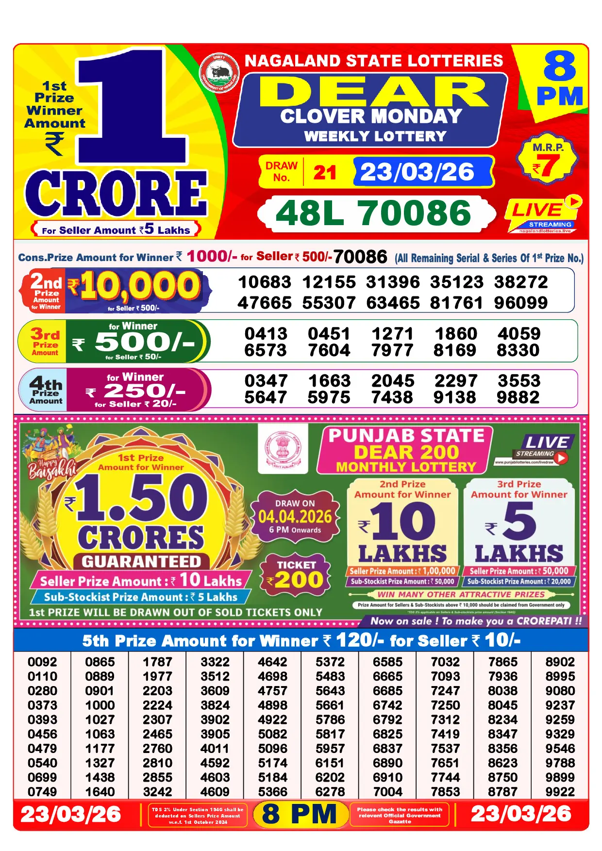 Official Lottery Sambad 8PM CLOVER MONDAY result sheet for 23 March 2026