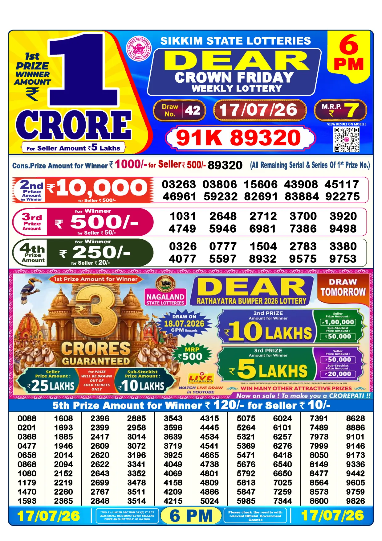 Official Lottery Sambad 6PM CROWN FRIDAY result sheet for 17 July 2026