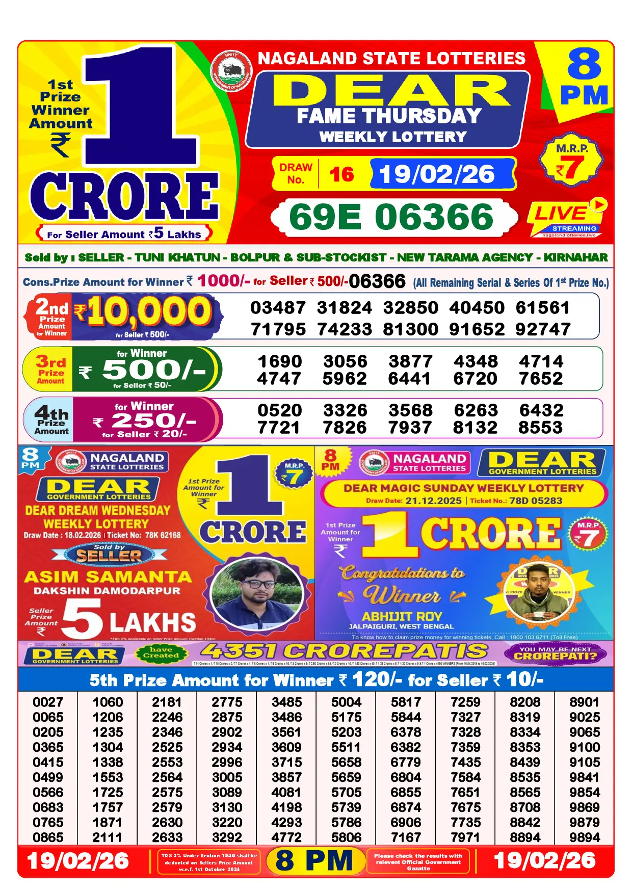 Official Lottery Sambad 8PM FAME THURSDAY result sheet for 19 February 2026
