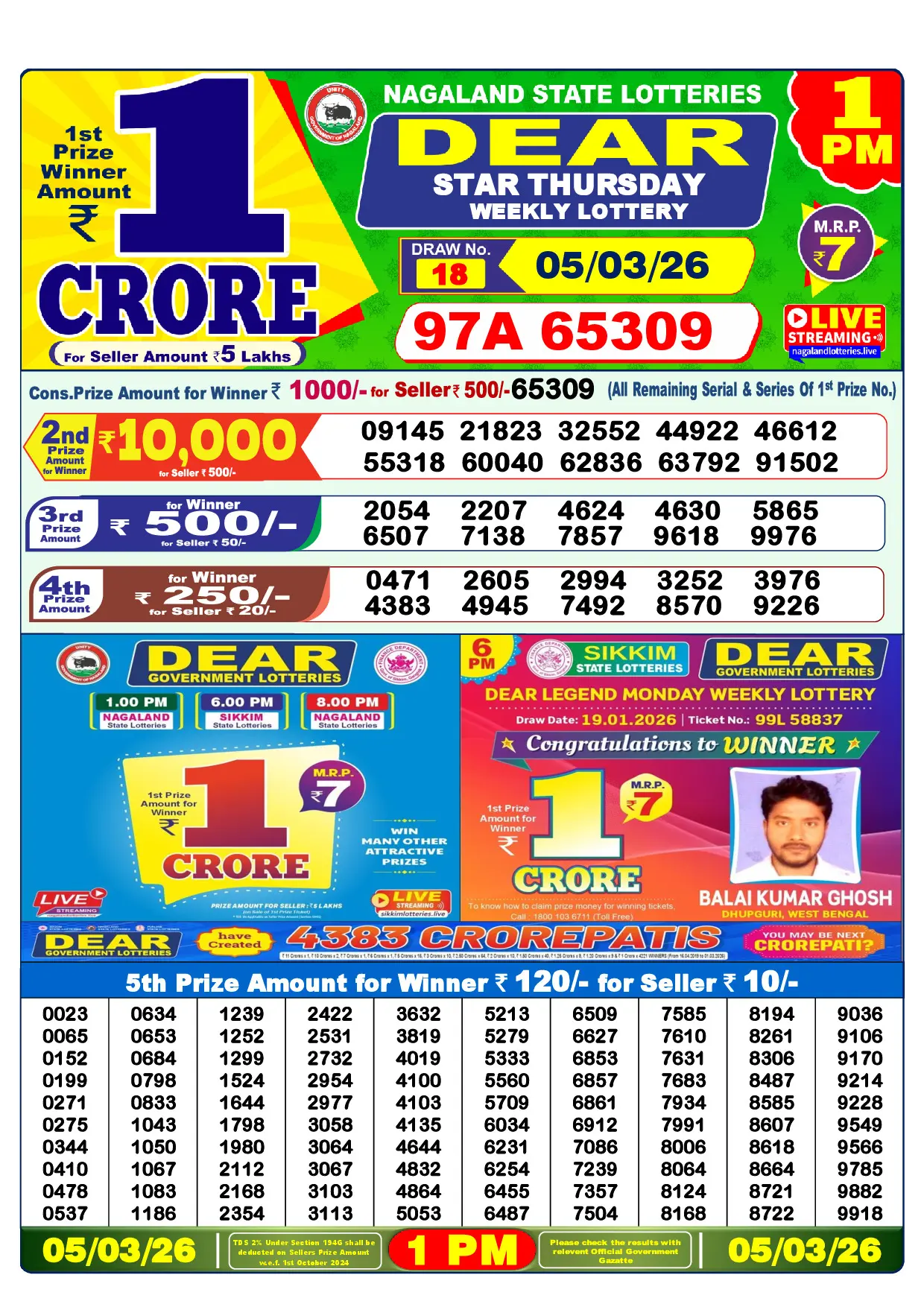 Official Lottery Sambad 1PM STAR THURSDAY result sheet for 5 March 2026