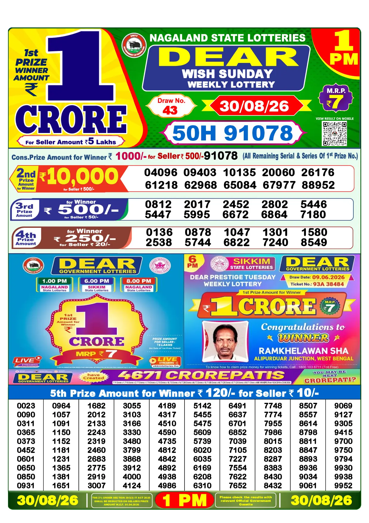 Official Lottery Sambad 1PM WISH SUNDAY result sheet for 30 August 2026