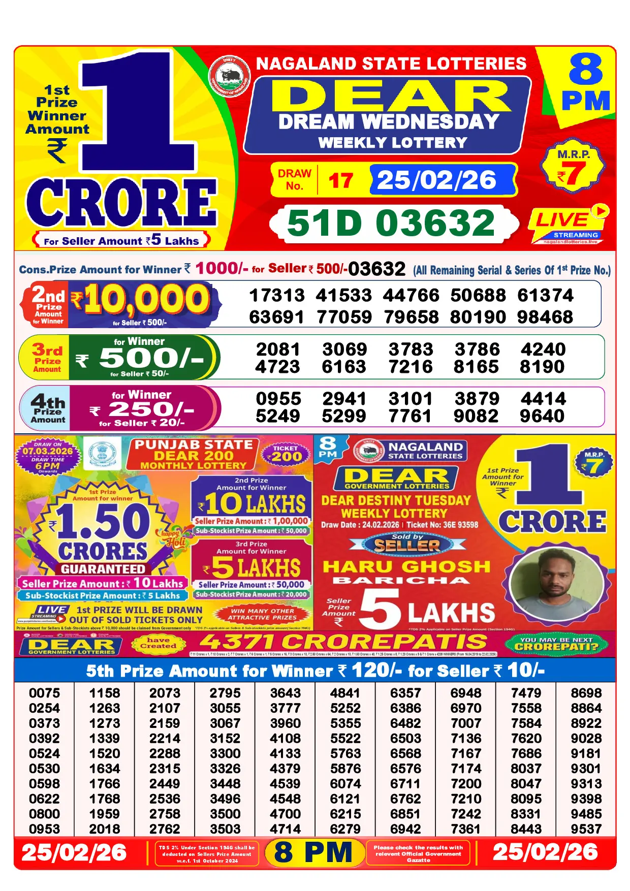 Official Lottery Sambad 8PM DREAM WEDNESDAY result sheet for 25 February 2026