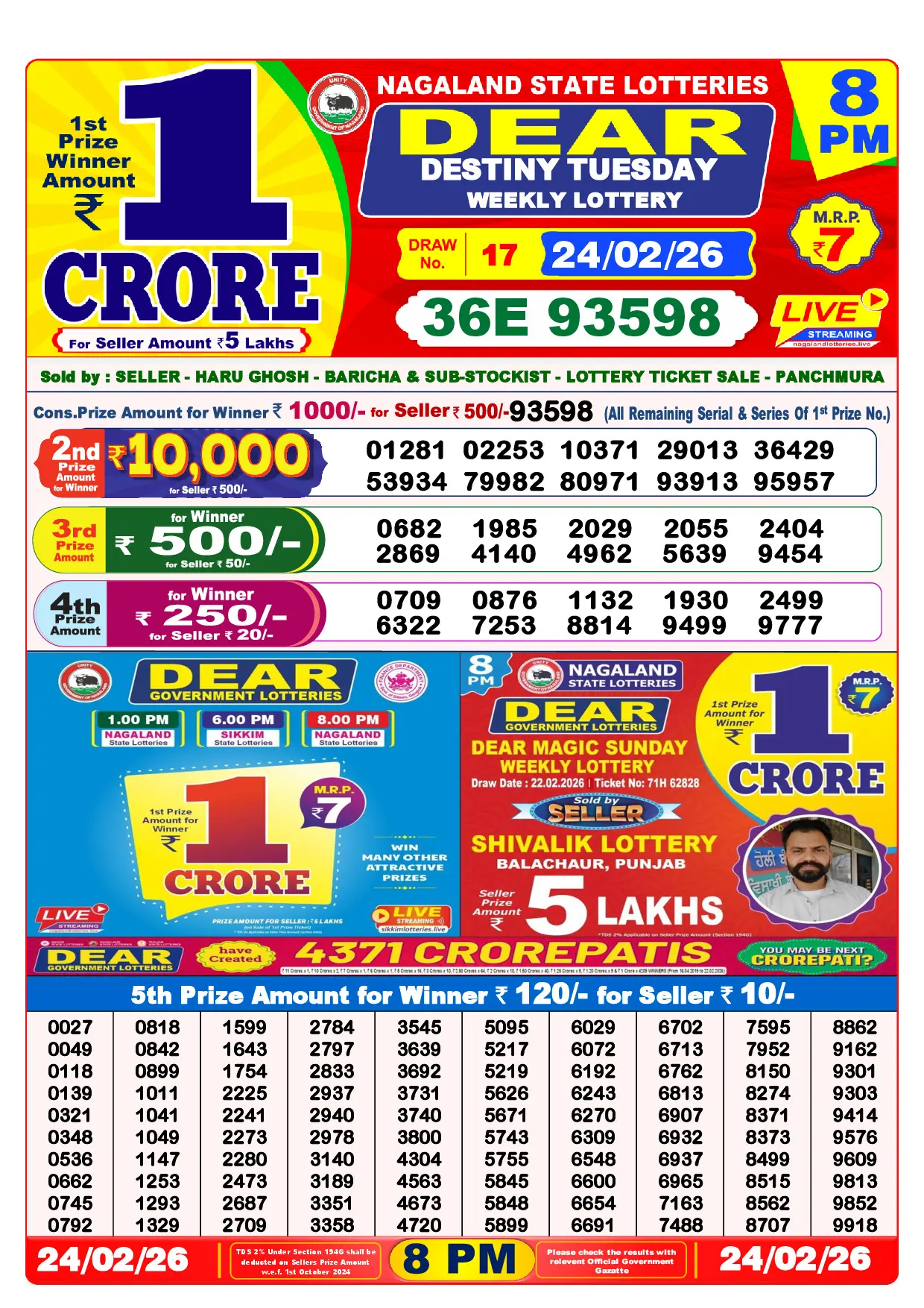 Official Lottery Sambad 8PM DESTINY TUESDAY result sheet for 24 February 2026