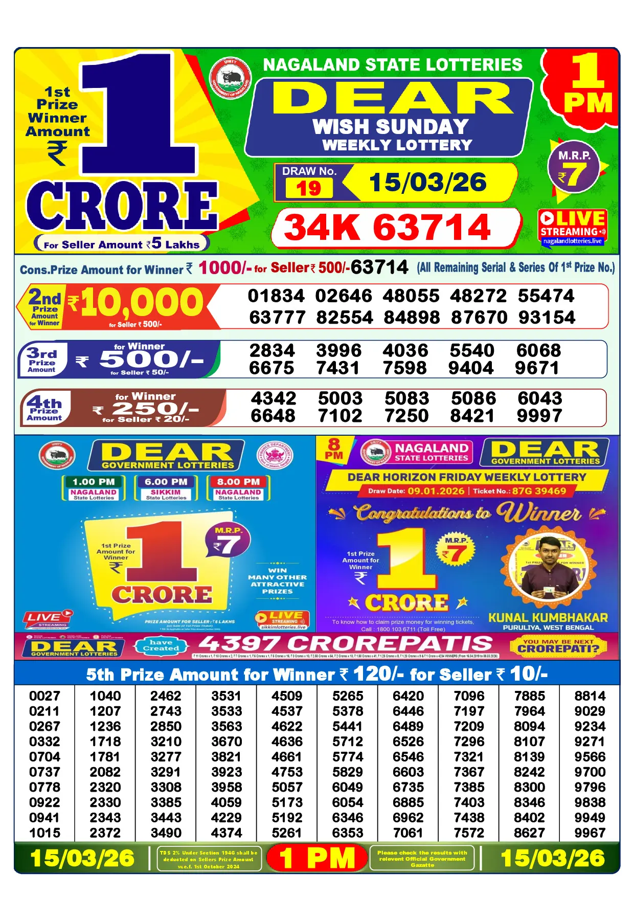 Official Lottery Sambad 1PM WISH SUNDAY result sheet for 15 March 2026