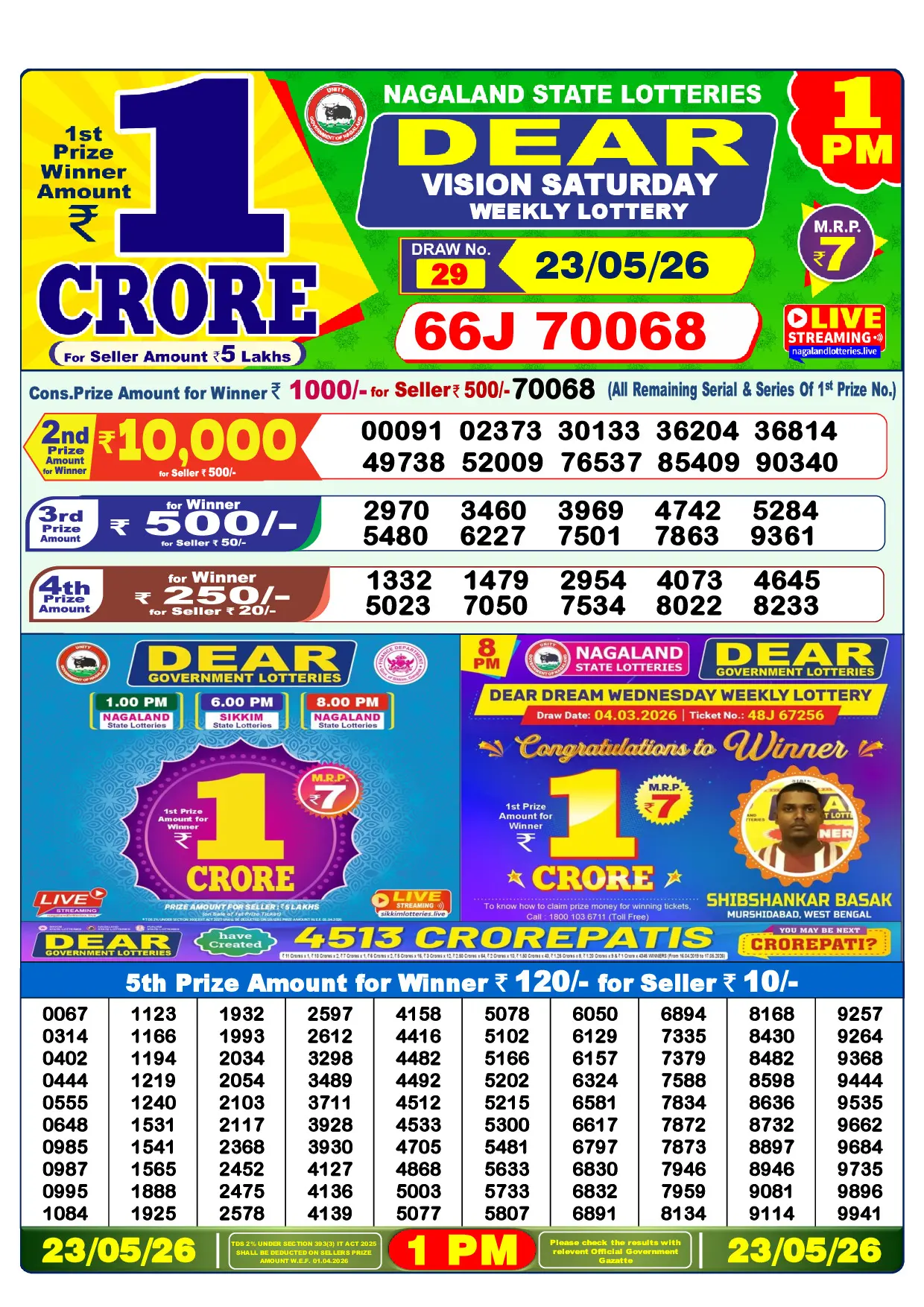 Official Lottery Sambad 1PM VISION SATURDAY result sheet for 23 May 2026