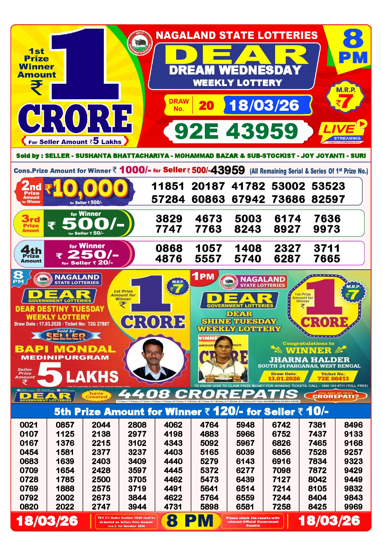 Official Lottery Sambad 8PM DREAM WEDNESDAY result sheet for 18 March 2026