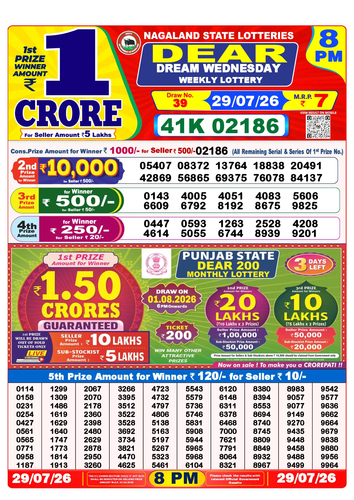Official Lottery Sambad 8PM DREAM WEDNESDAY result sheet for 29 July 2026