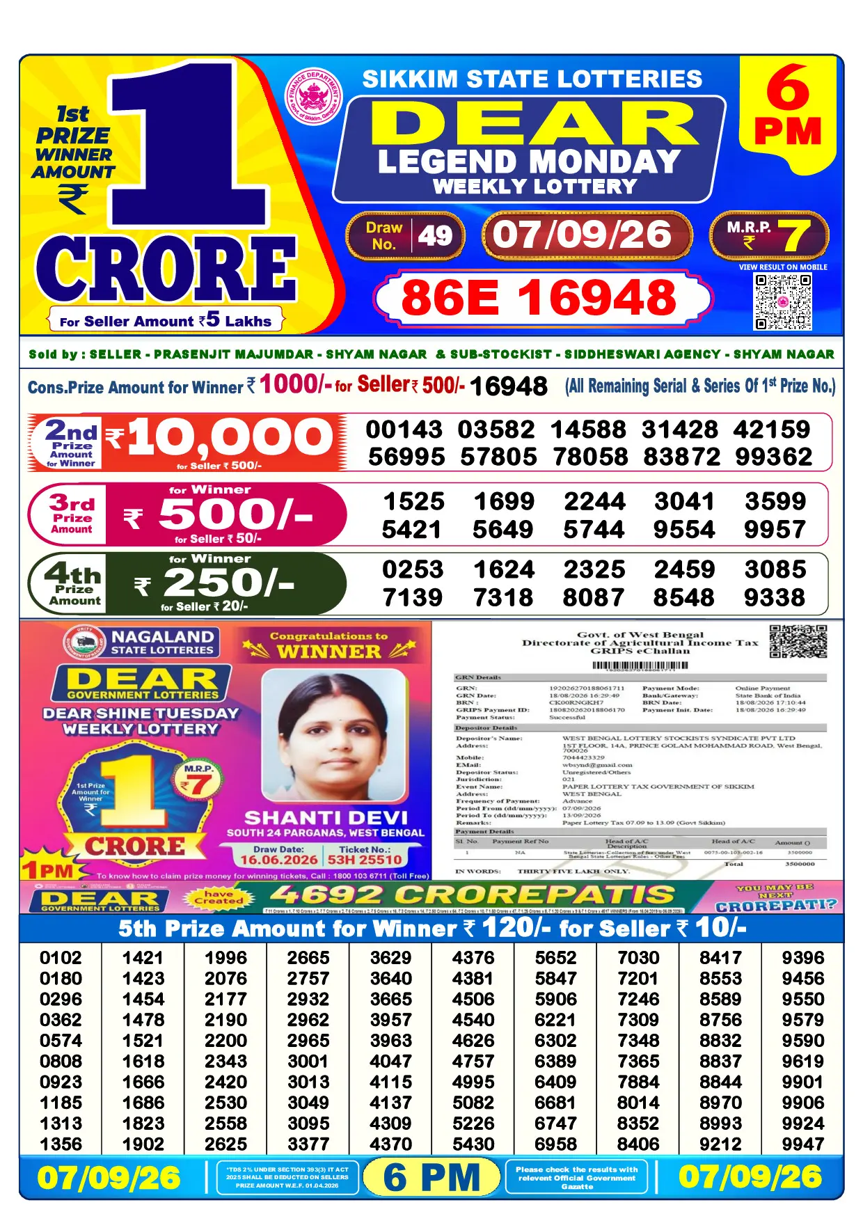 Official Lottery Sambad 6PM LEGEND MONDAY result sheet for 7 September 2026