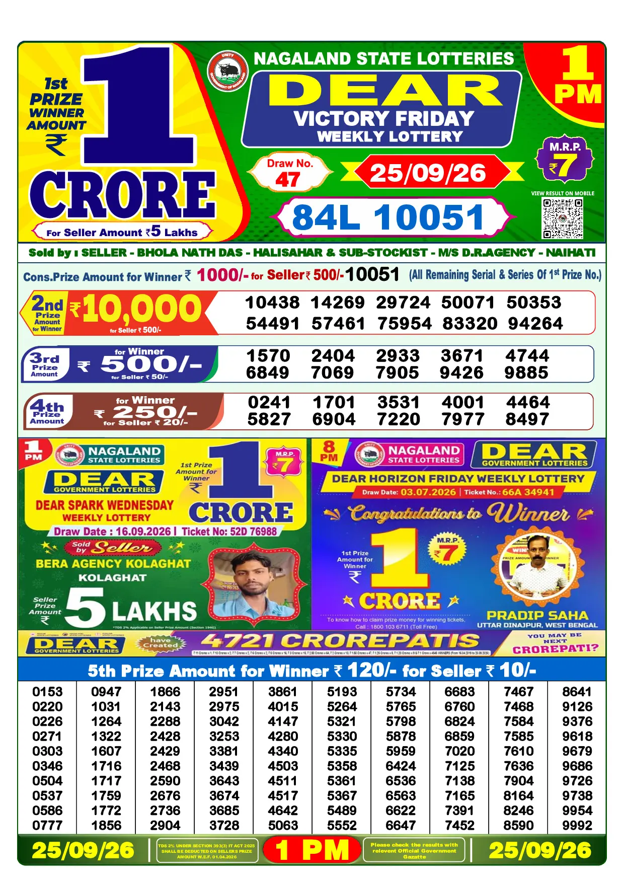Official Lottery Sambad 1PM VICTORY FRIDAY result sheet for 25 September 2026