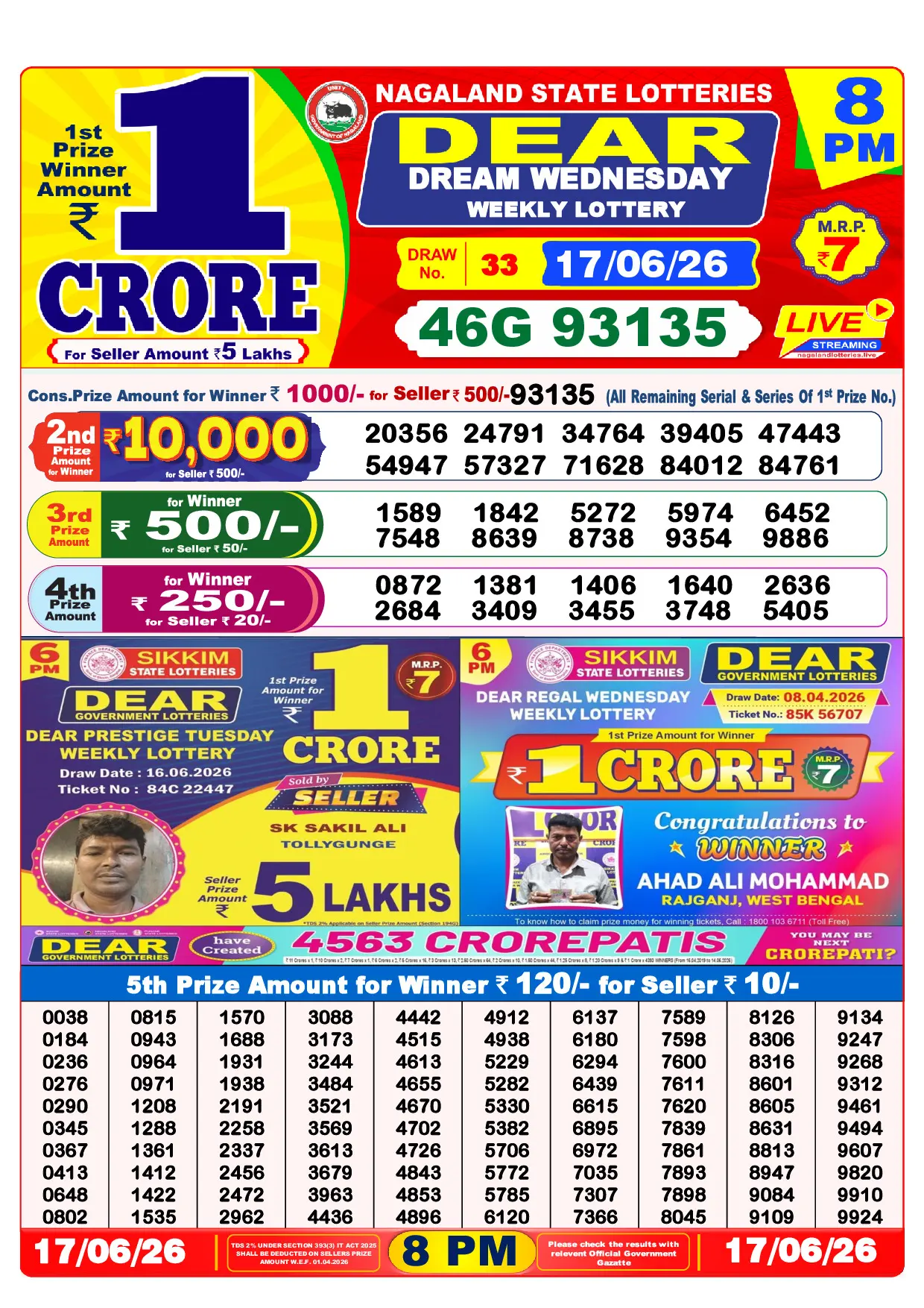 Official Lottery Sambad 8PM DREAM WEDNESDAY result sheet for 17 June 2026