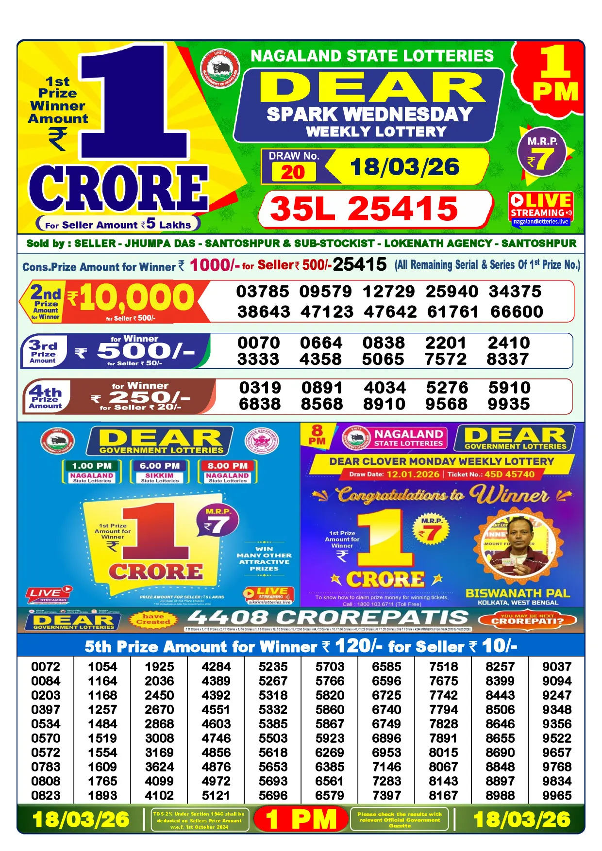 Official Lottery Sambad 1PM SPARK WEDNESDAY result sheet for 18 March 2026