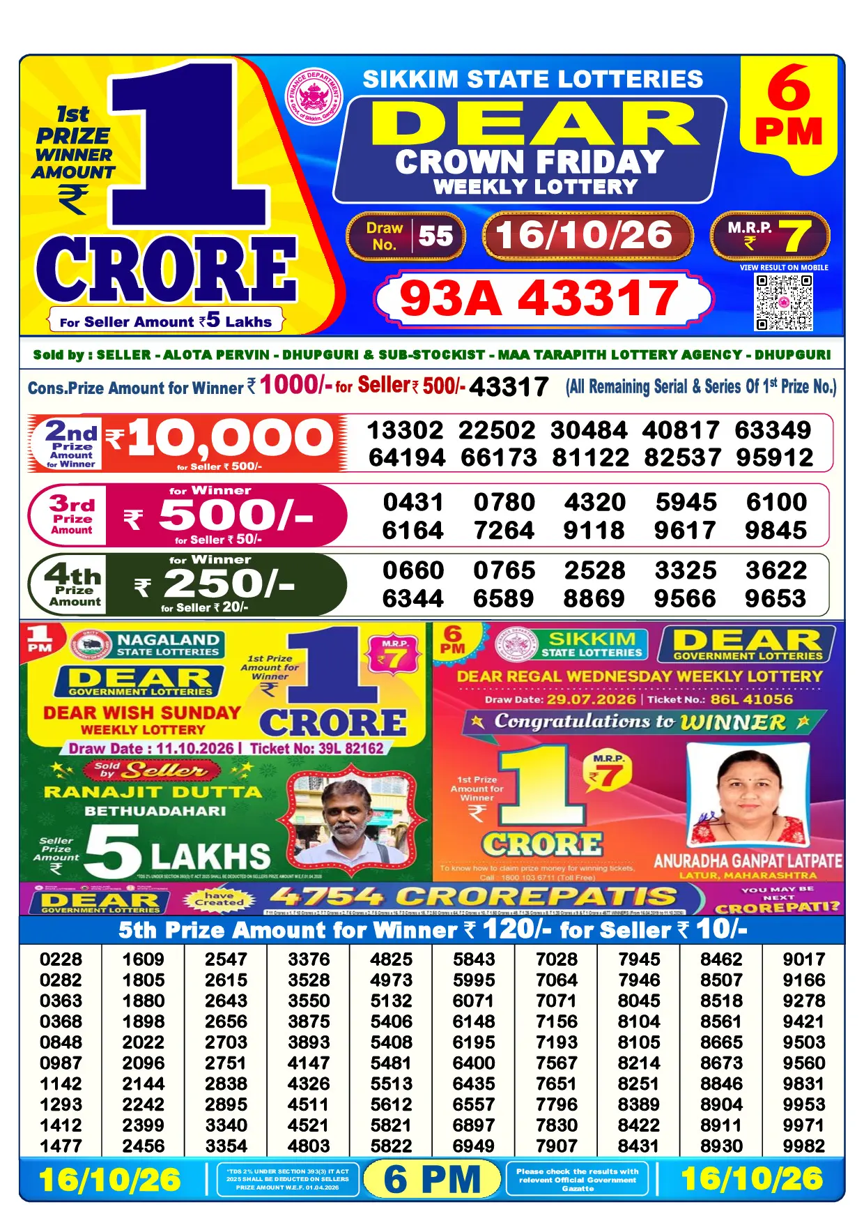 Official Lottery Sambad 6PM CROWN FRIDAY result sheet for 16 October 2026