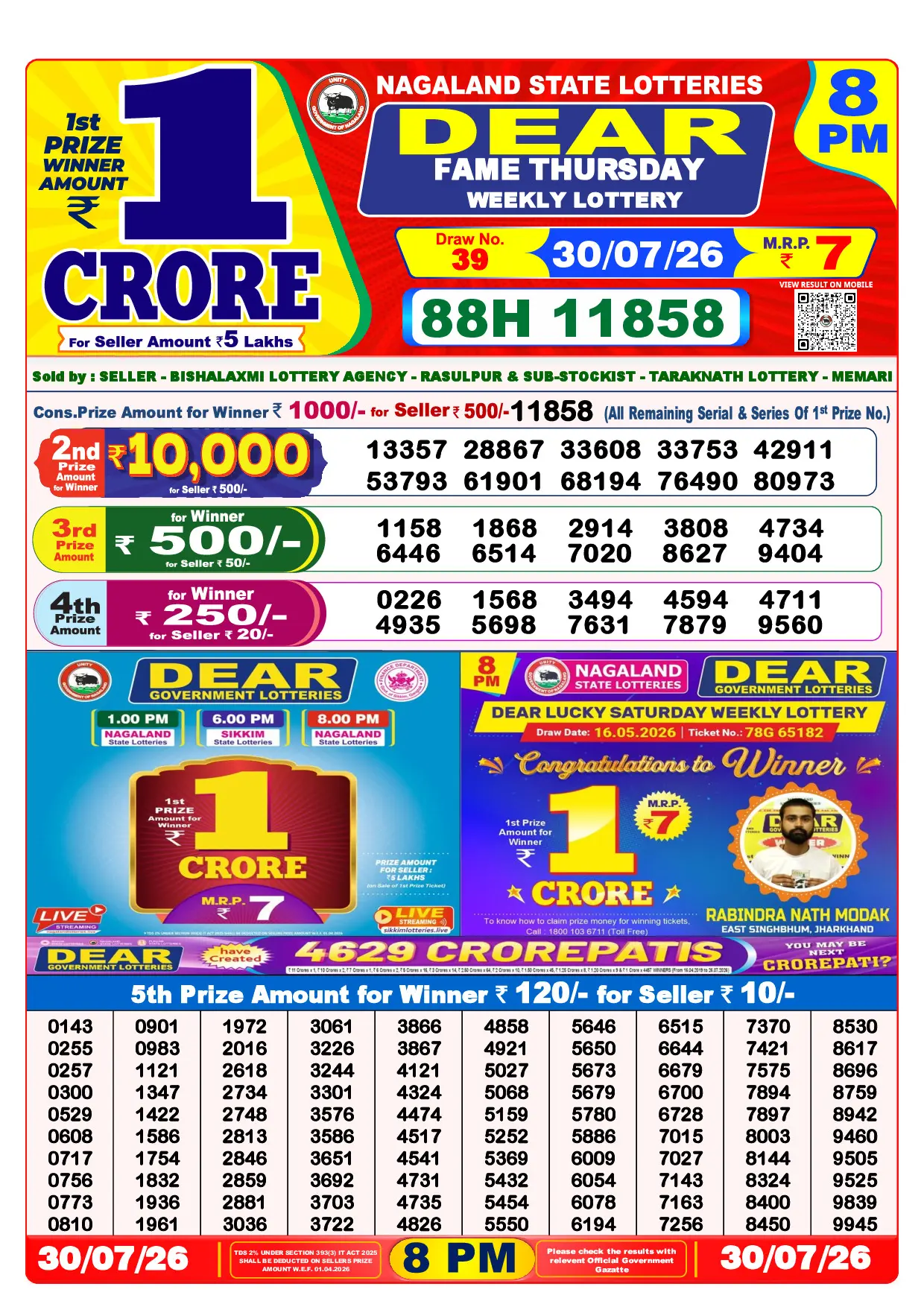 Official Lottery Sambad 8PM FAME THURSDAY result sheet for 30 July 2026
