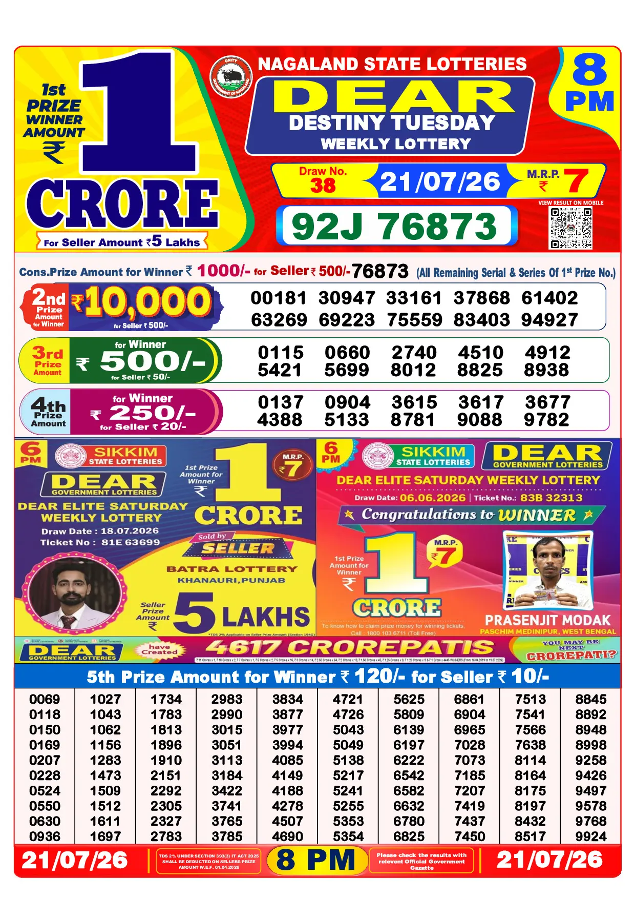 Official Lottery Sambad 8PM DESTINY TUESDAY result sheet for 21 July 2026