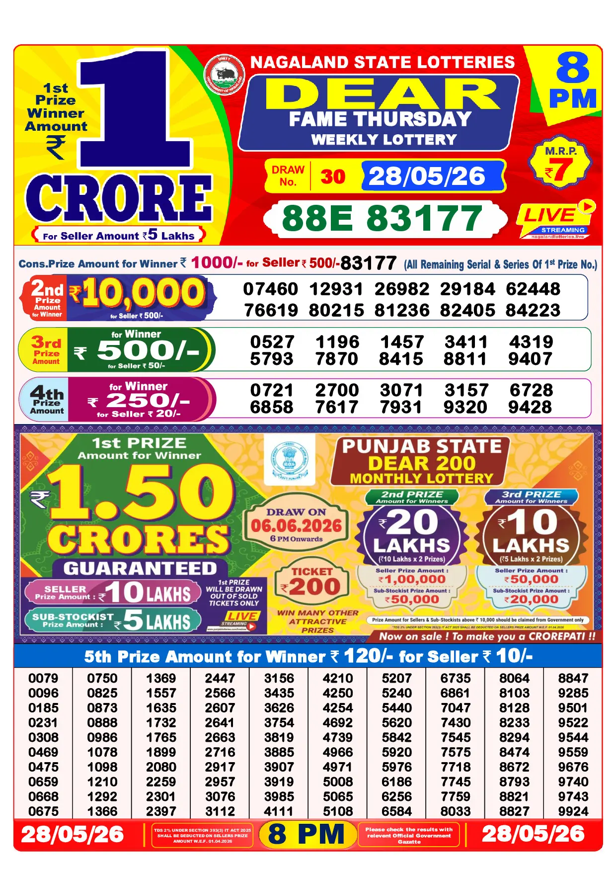 Official Lottery Sambad 8PM FAME THURSDAY result sheet for 28 May 2026