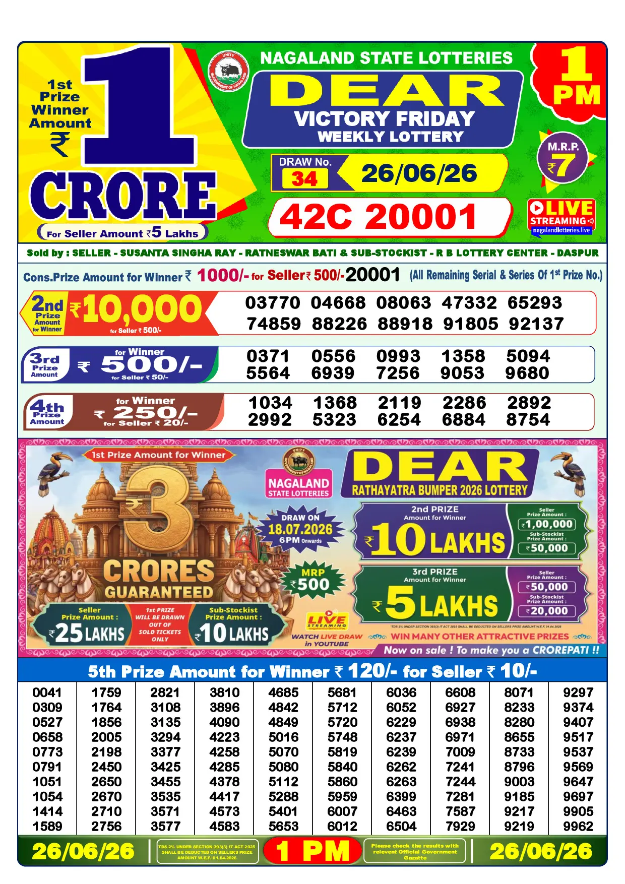 Official Lottery Sambad 1PM VICTORY FRIDAY result sheet for 26 June 2026