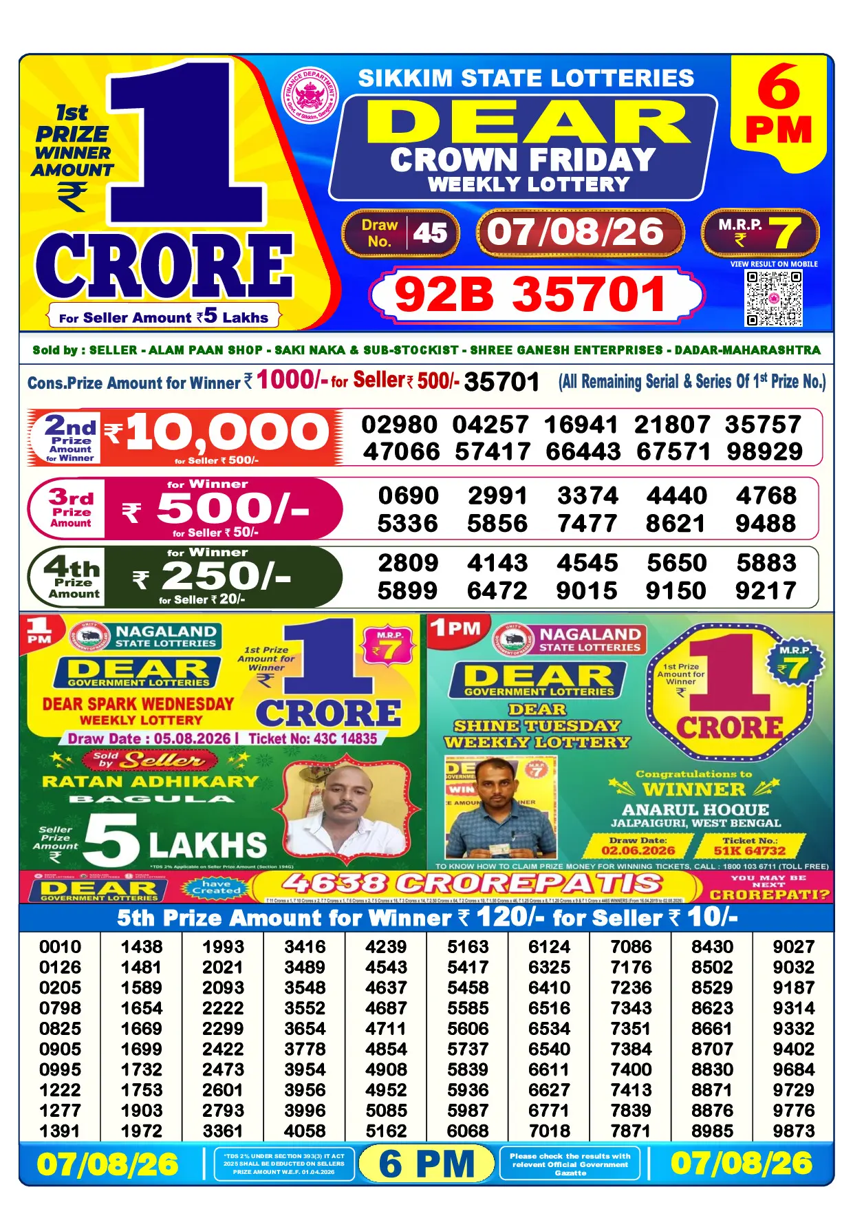 Official Lottery Sambad 6PM CROWN FRIDAY result sheet for 7 August 2026