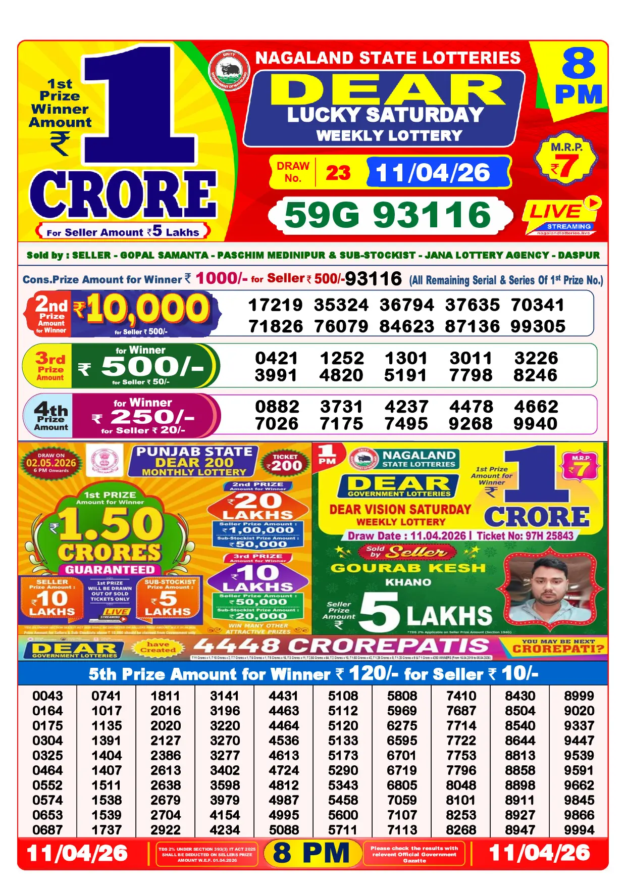 Official Lottery Sambad 8PM LUCKY SATURDAY result sheet for 11 April 2026