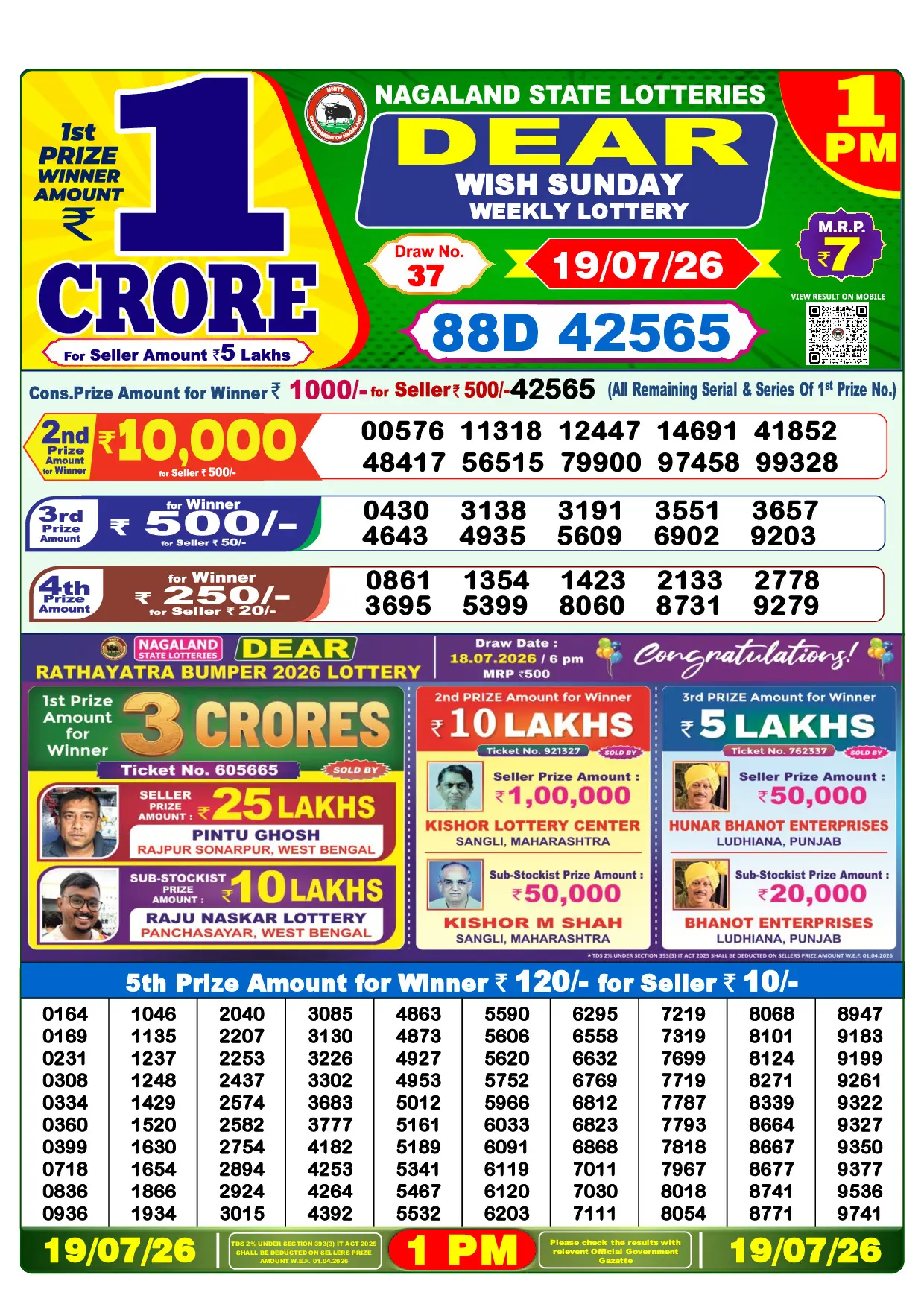 Official Lottery Sambad 1PM WISH SUNDAY result sheet for 19 July 2026
