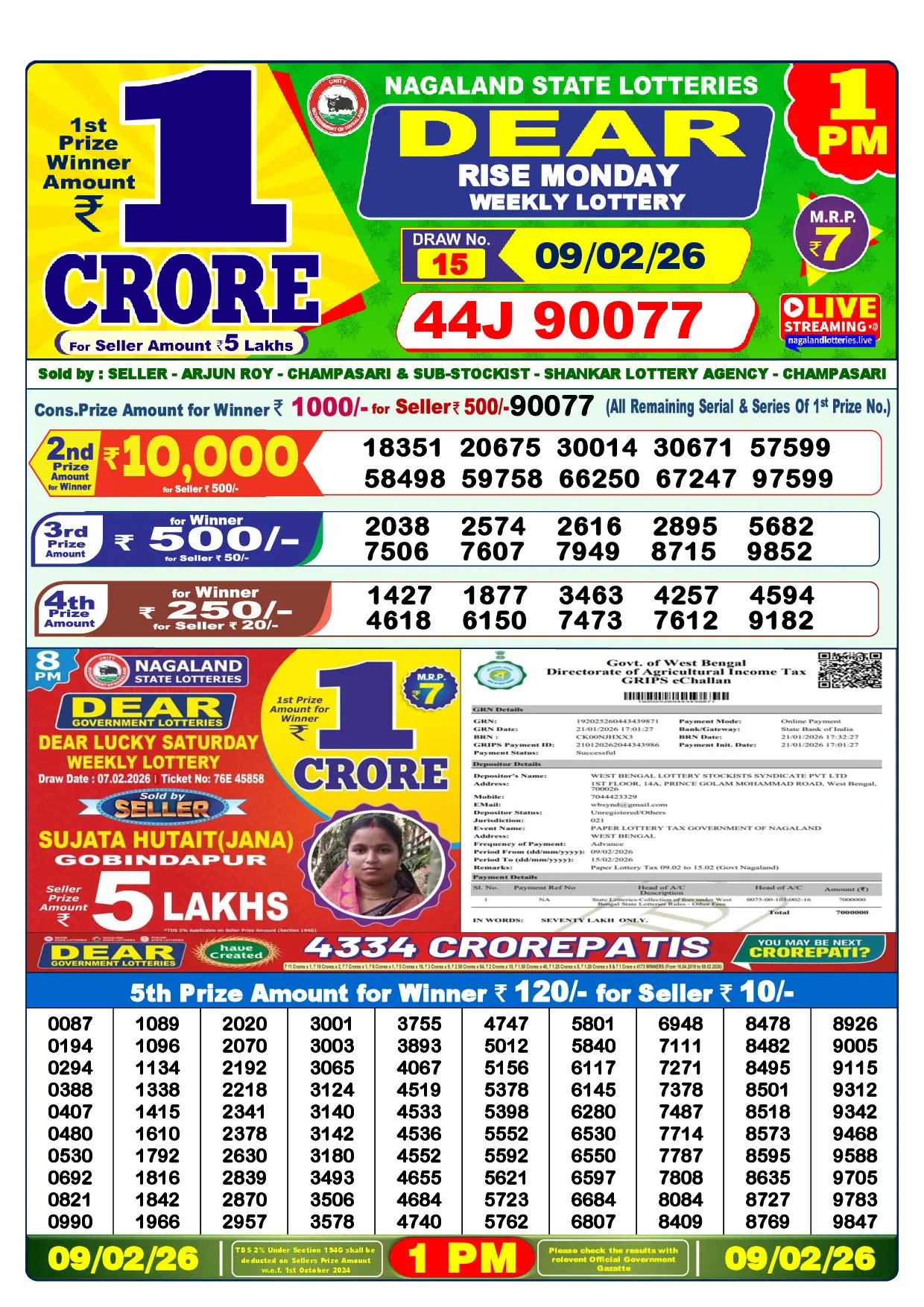 Official Lottery Sambad 1PM RISE MONDAY result sheet for 9 February 2026