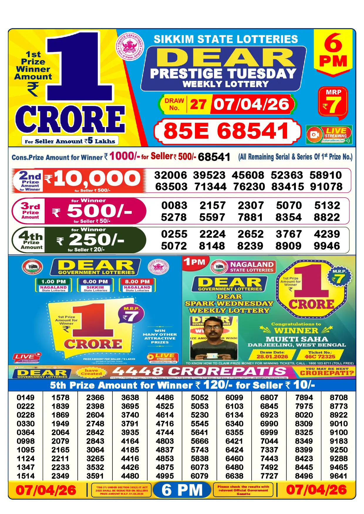 Official Lottery Sambad 6PM PRESTIGE TUESDAY result sheet for 7 April 2026