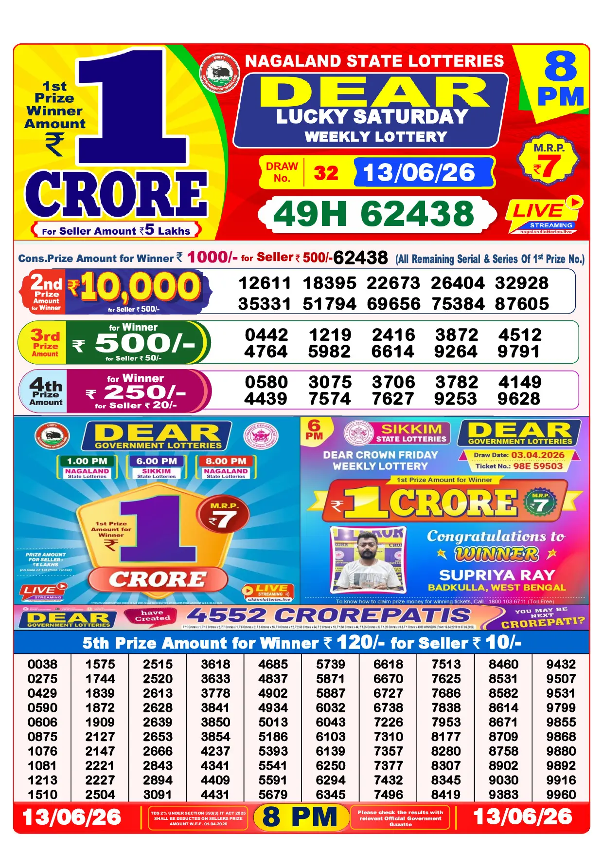 Official Lottery Sambad 8PM LUCKY SATURDAY result sheet for 13 June 2026