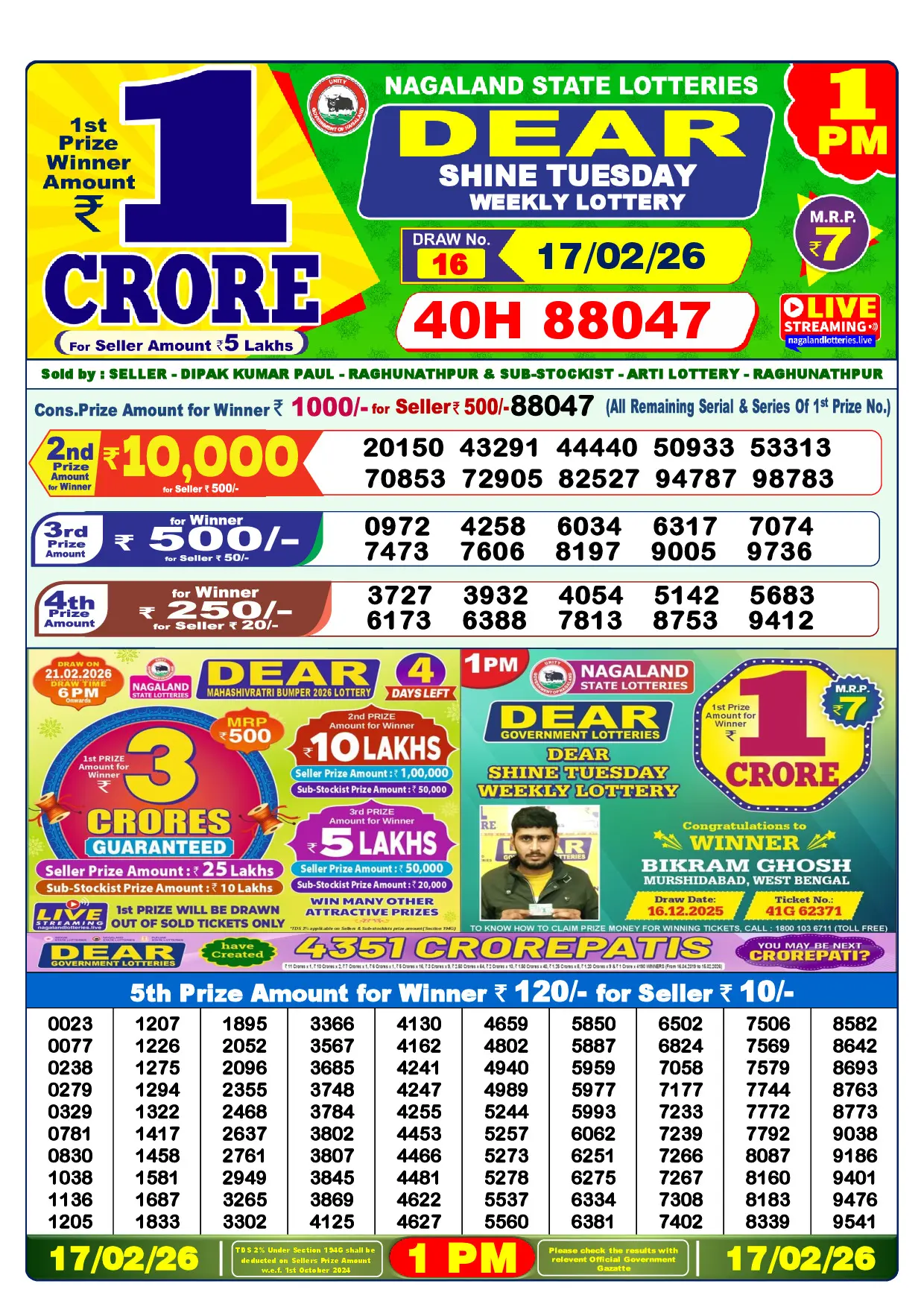 Official Lottery Sambad 1PM SHINE TUESDAY result sheet for 17 February 2026