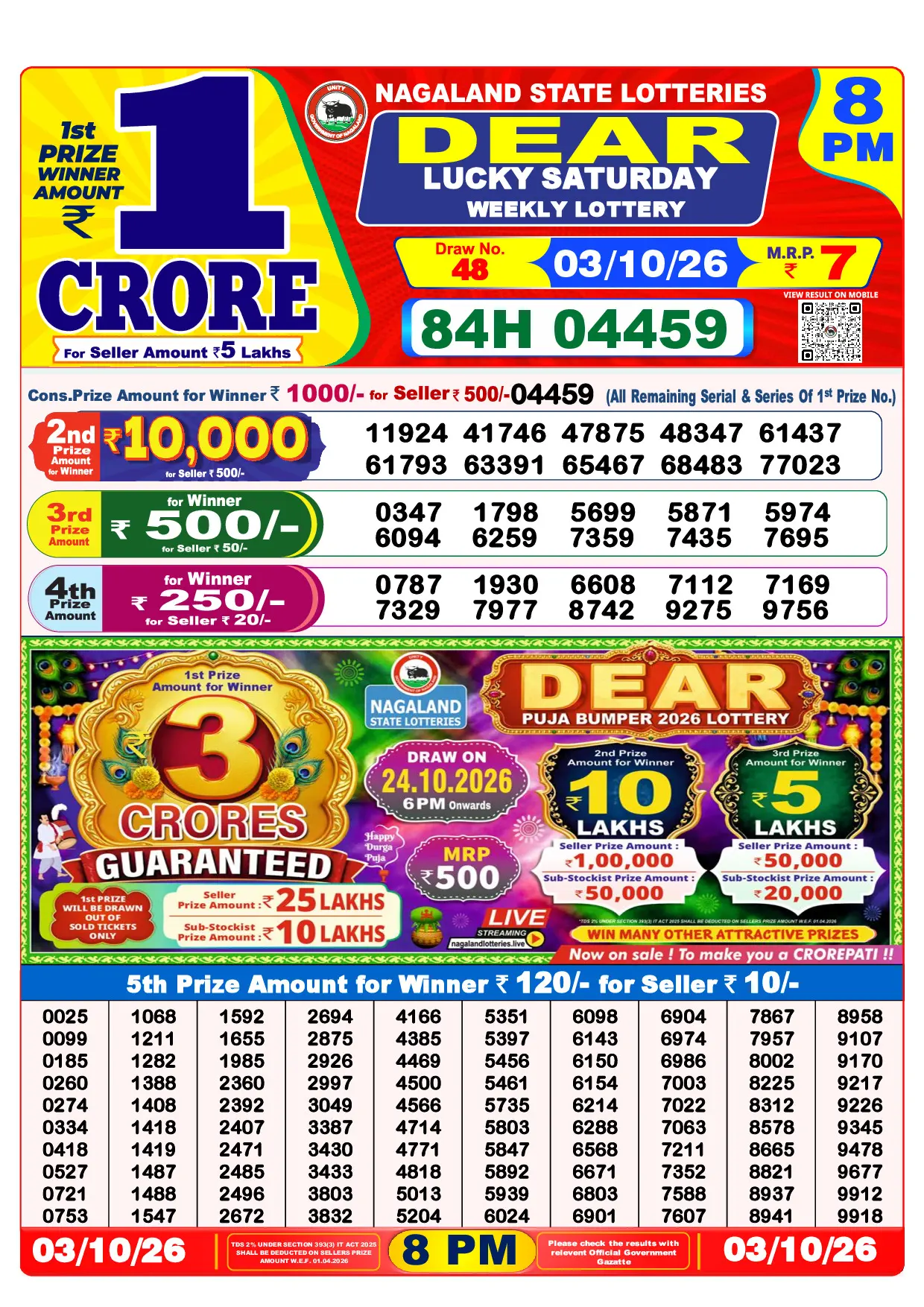 Lottery Sambad Dear Night 8:00 PM winning numbers result chart for 03 October 2026