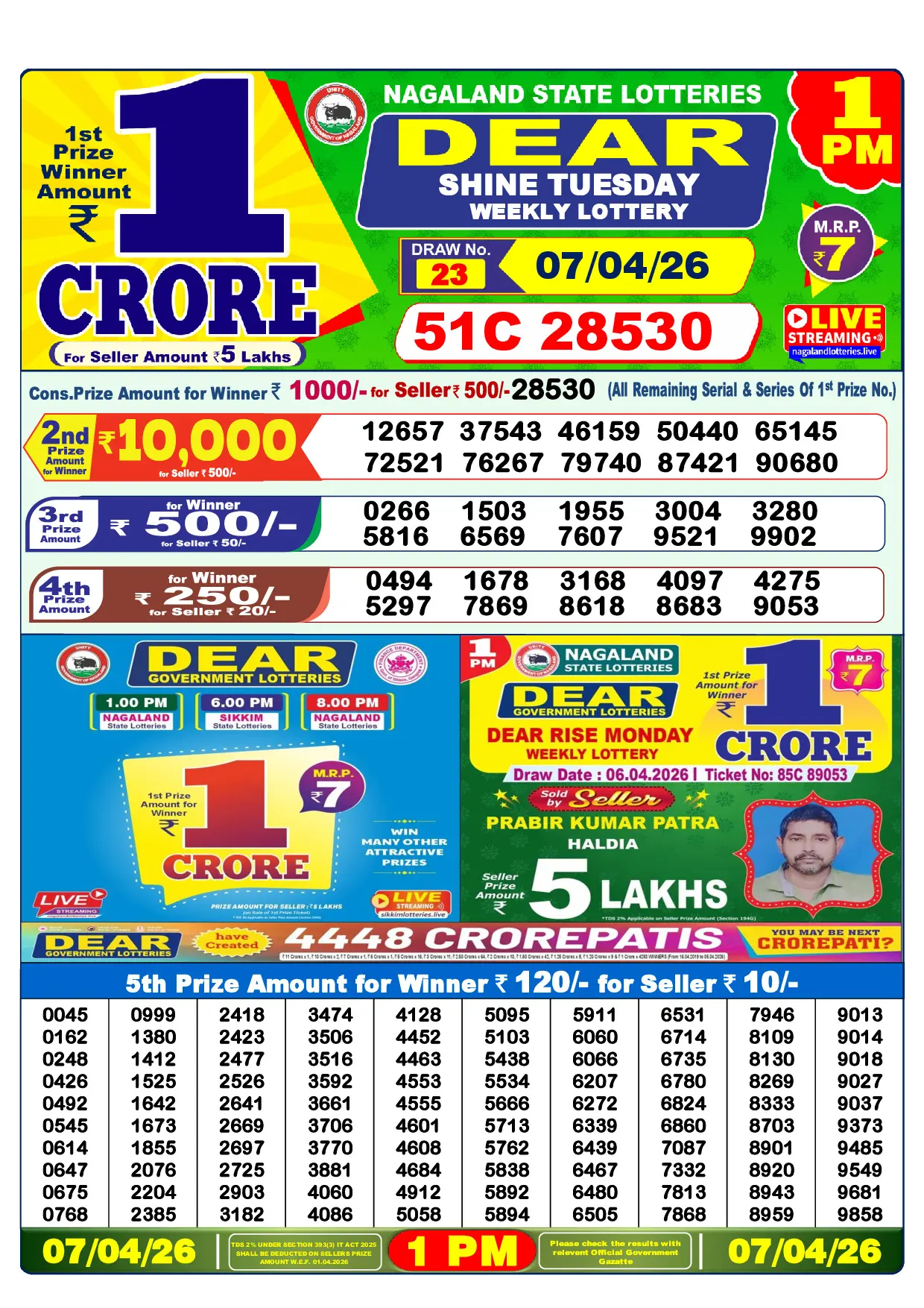 Official Lottery Sambad 1PM SHINE TUESDAY result sheet for 7 April 2026