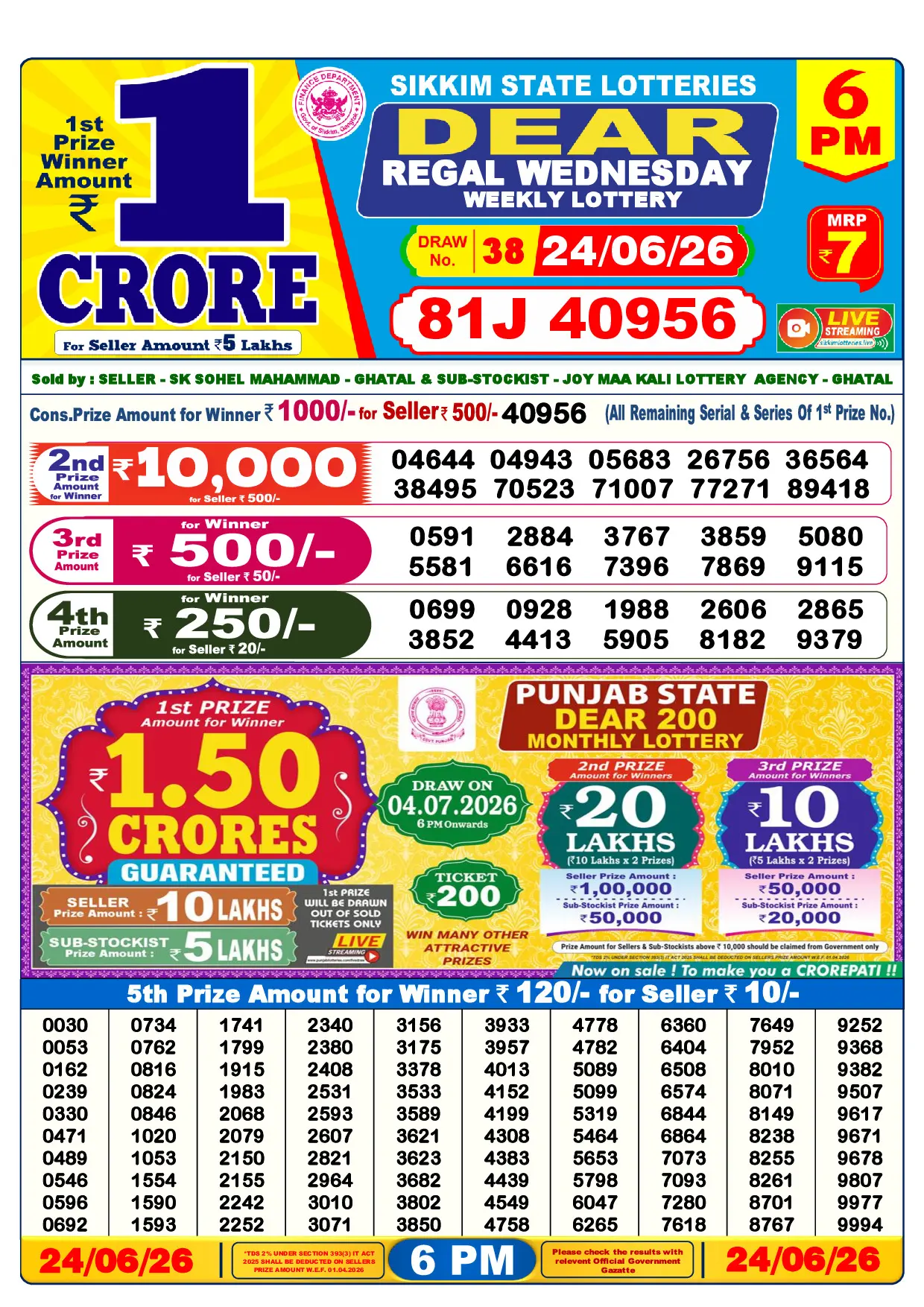 Official Lottery Sambad 6PM REGAL WEDNESDAY result sheet for 24 June 2026