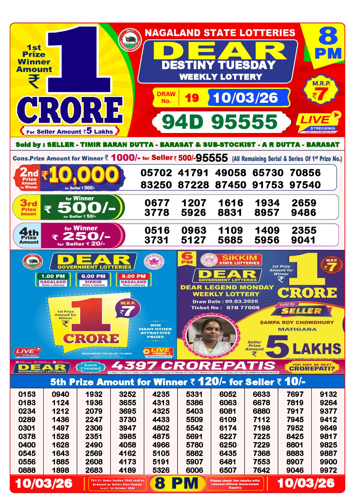 Official Lottery Sambad 8PM DESTINY TUESDAY result sheet for 10 March 2026