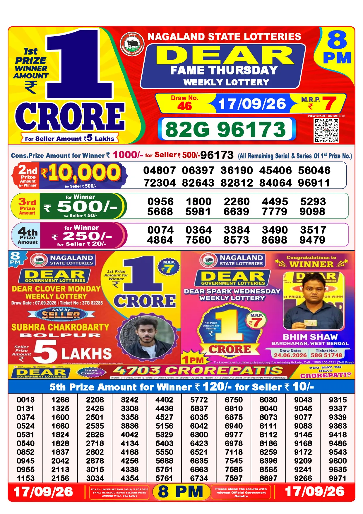 Official Lottery Sambad 8PM FAME THURSDAY result sheet for 17 September 2026
