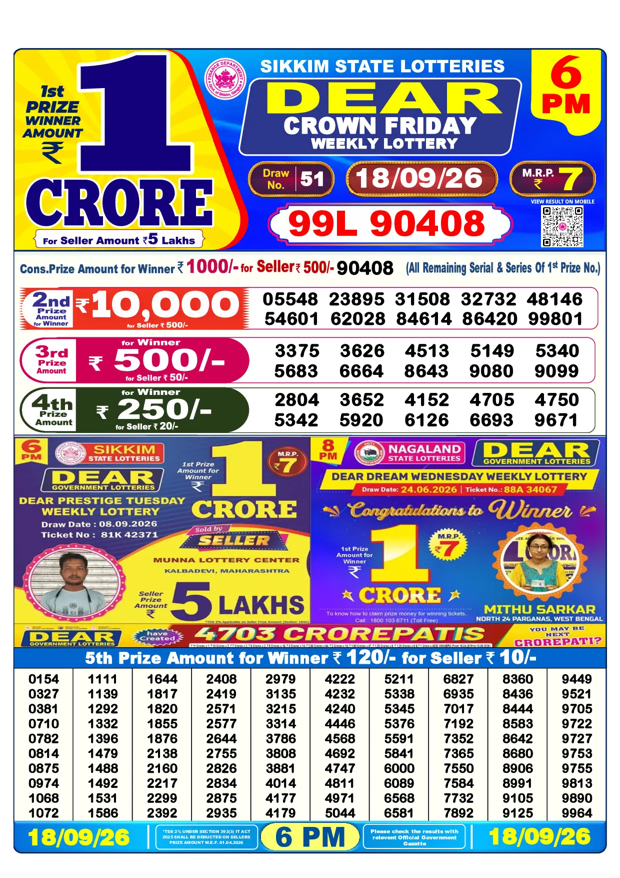 Official Lottery Sambad 6PM CROWN FRIDAY result sheet for 18 September 2026