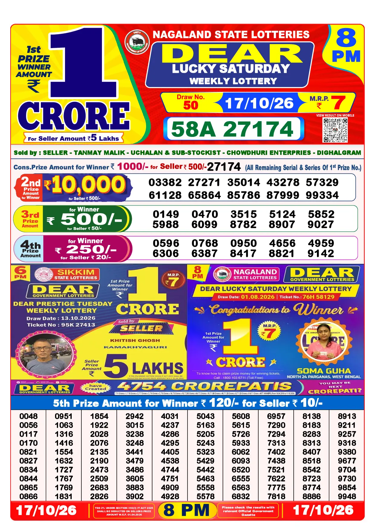 Official Lottery Sambad 8PM LUCKY SATURDAY result sheet for 17 October 2026