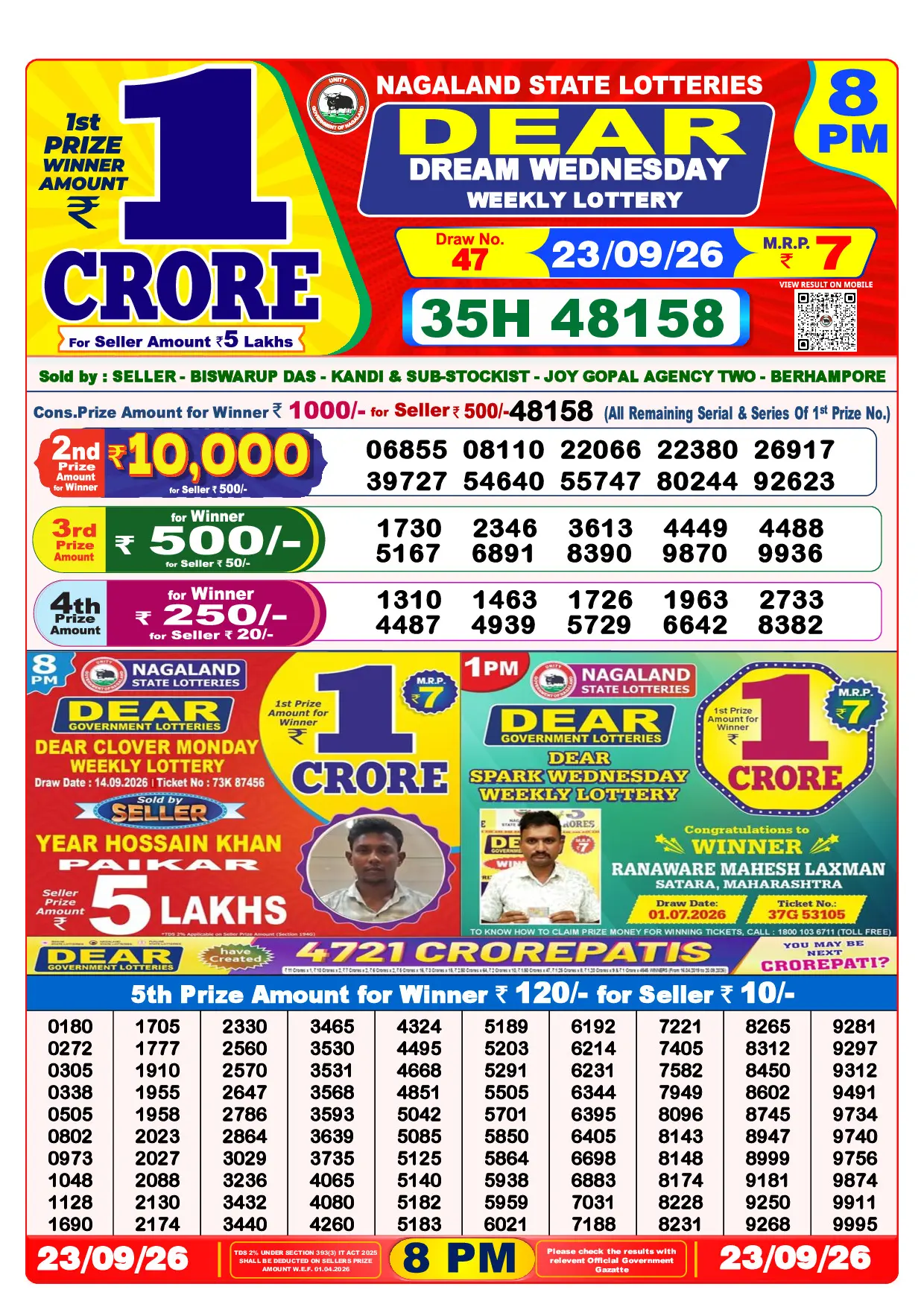 Official Lottery Sambad 8PM DREAM WEDNESDAY result sheet for 23 September 2026