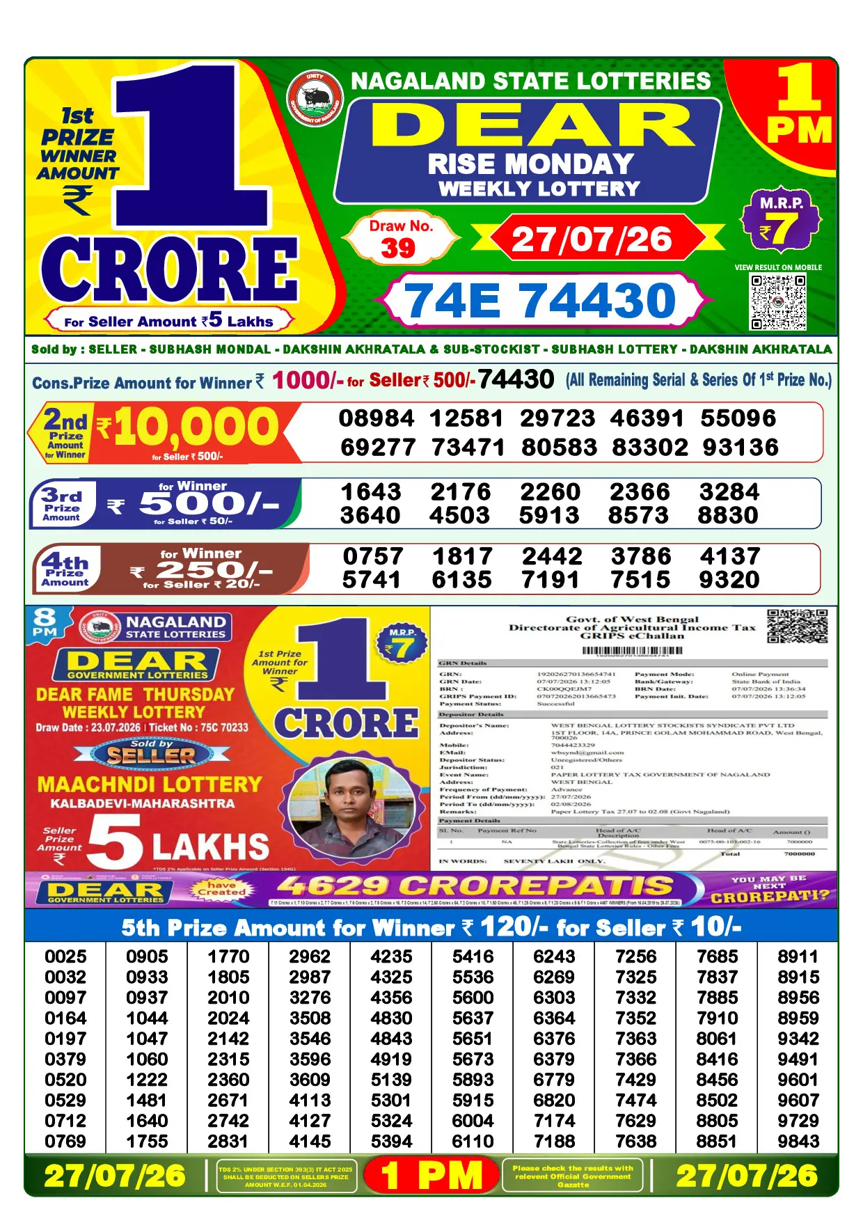 Official Lottery Sambad 1PM RISE MONDAY result sheet for 27 July 2026