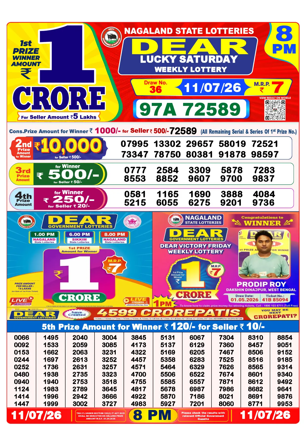 Official Lottery Sambad 8PM LUCKY SATURDAY result sheet for 11 July 2026