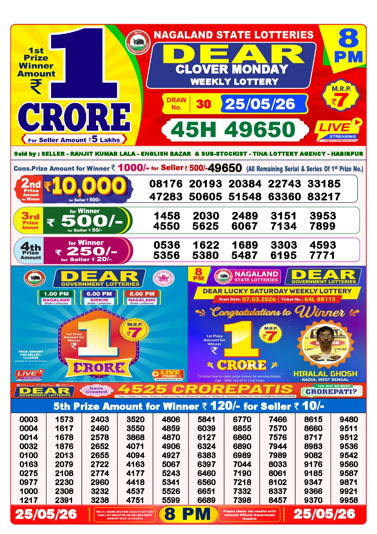 Official Lottery Sambad 8PM CLOVER MONDAY result sheet for 25 May 2026