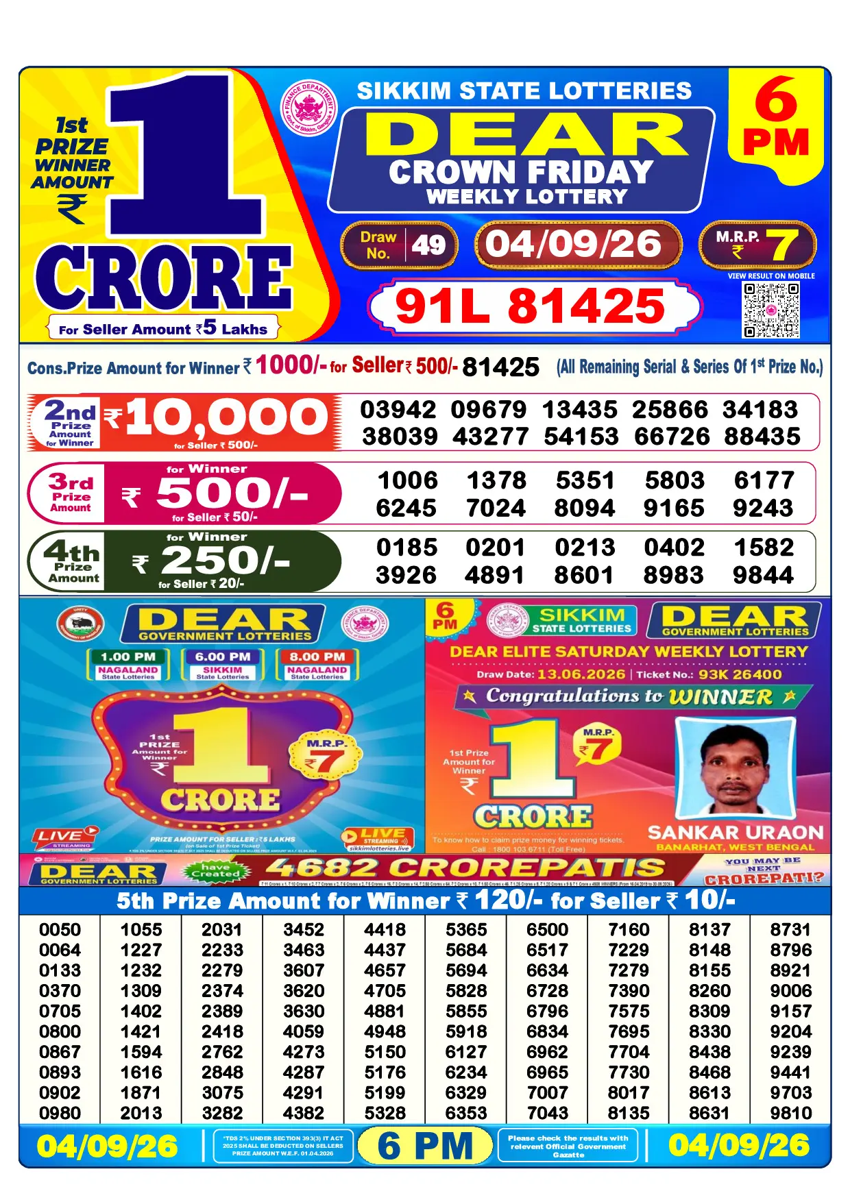 Official Lottery Sambad 6PM CROWN FRIDAY result sheet for 4 September 2026