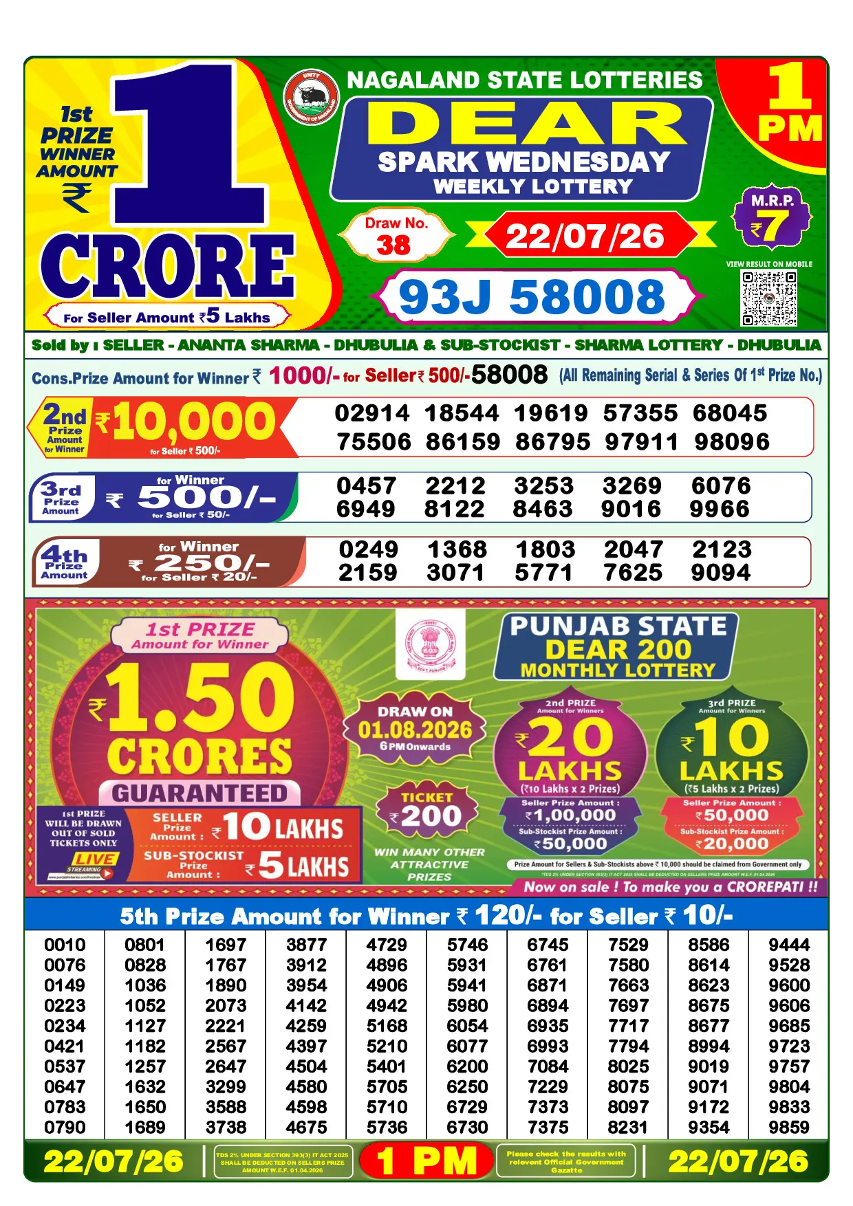 Official Lottery Sambad 1PM SPARK WEDNESDAY result sheet for 22 July 2026