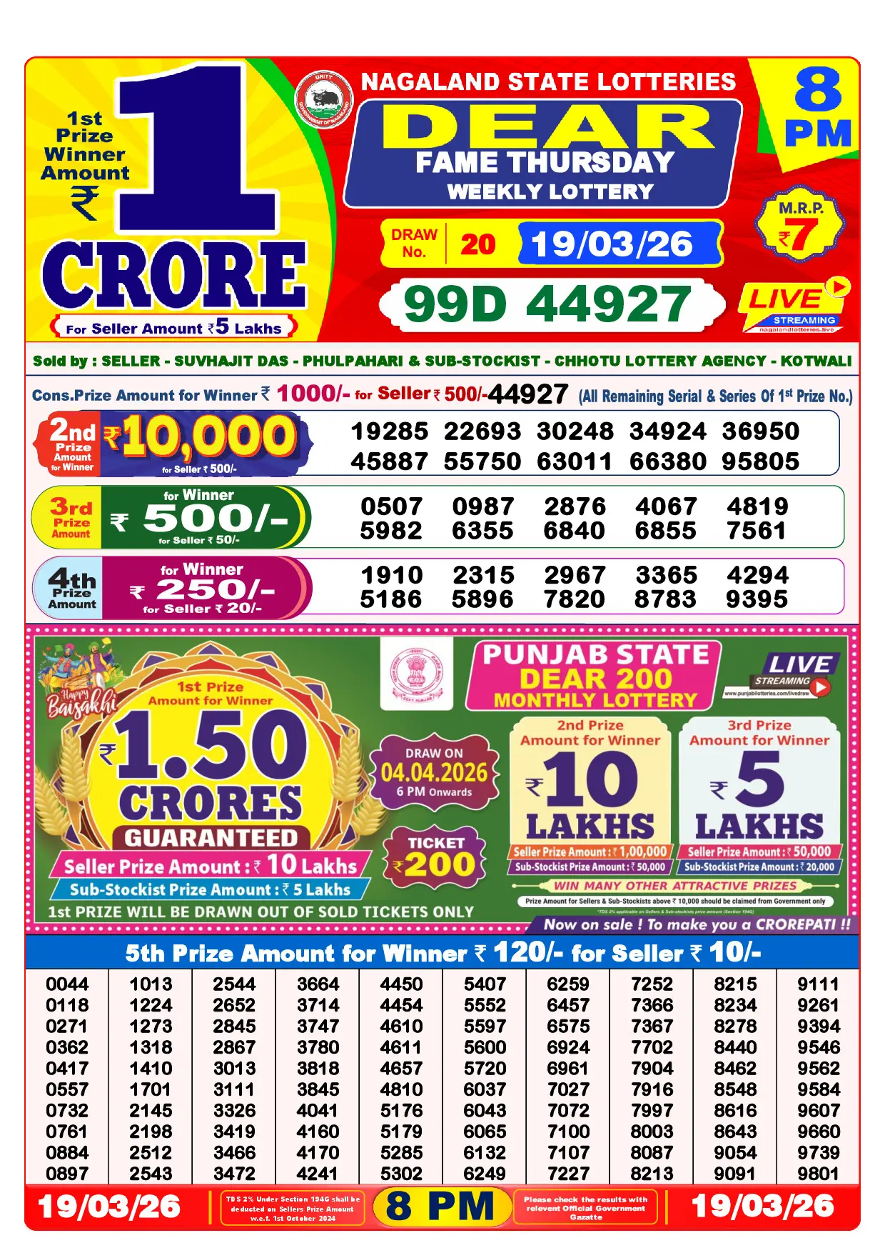 Official Lottery Sambad 8PM FAME THURSDAY result sheet for 19 March 2026