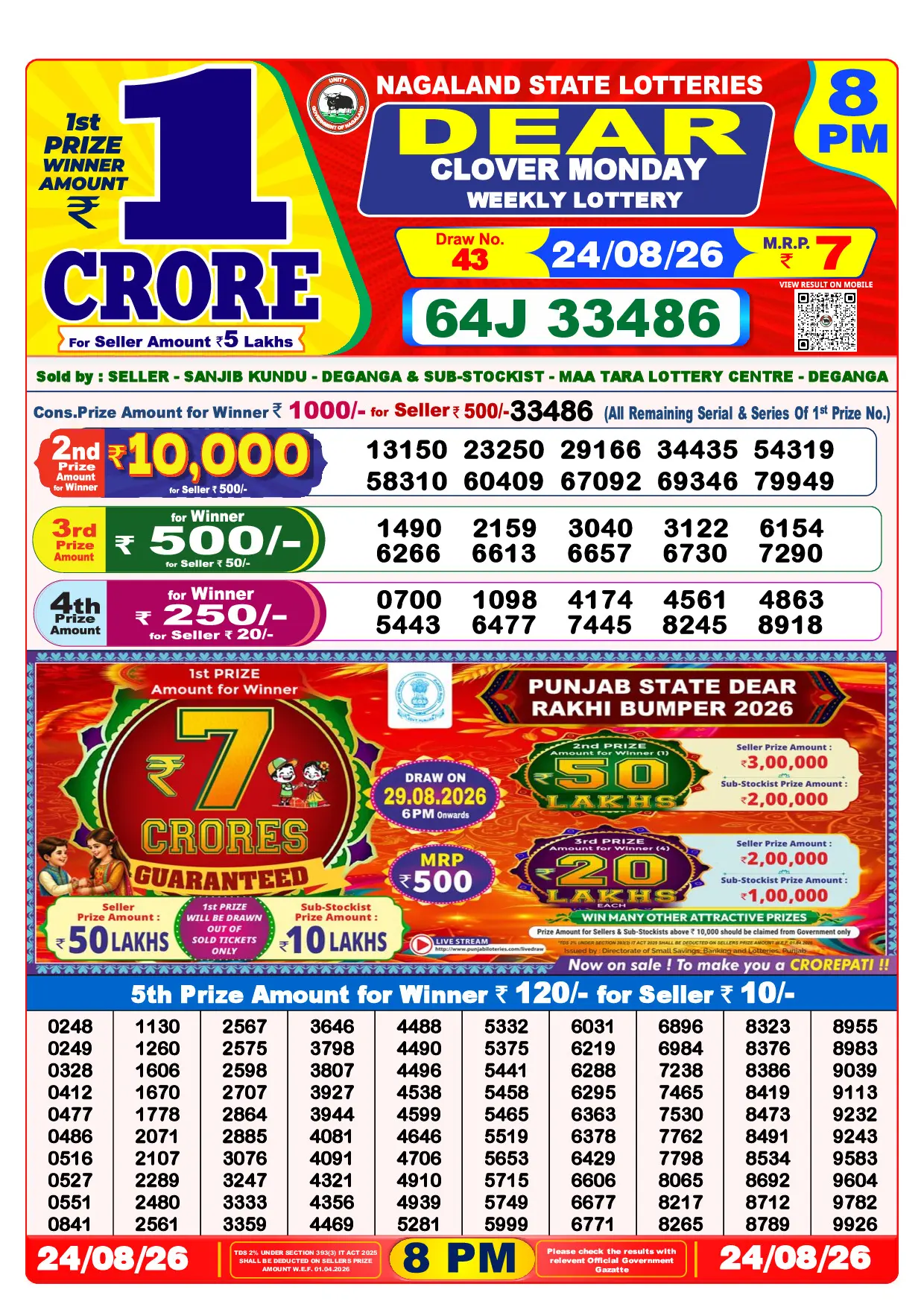 Official Lottery Sambad 8PM CLOVER MONDAY result sheet for 24 August 2026