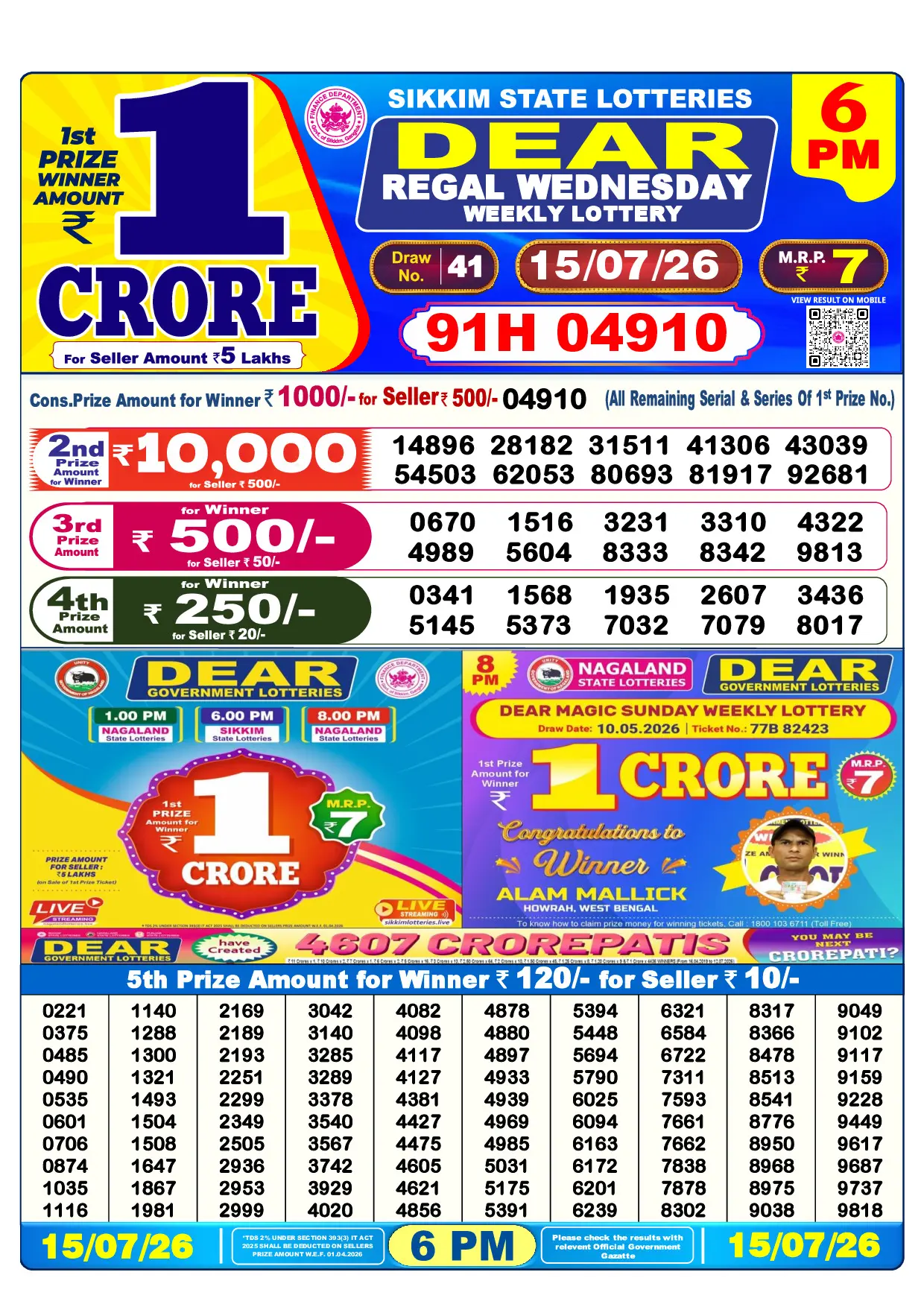 Official Lottery Sambad 6PM REGAL WEDNESDAY result sheet for 15 July 2026