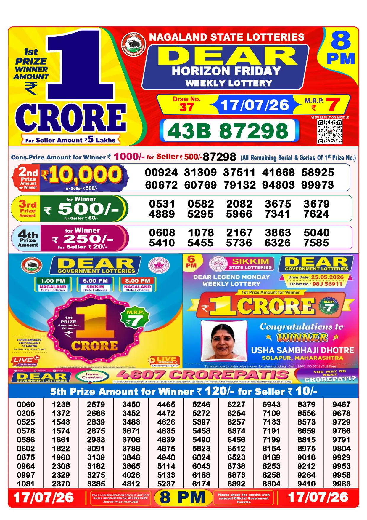 Official Lottery Sambad 8PM HORIZON FRIDAY result sheet for 17 July 2026