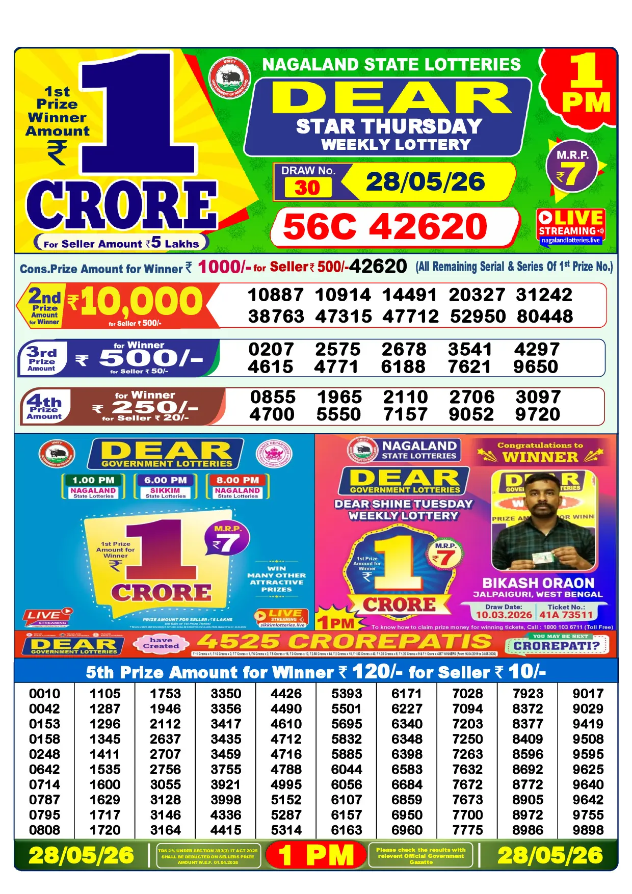Official Lottery Sambad 1PM STAR THURSDAY result sheet for 28 May 2026